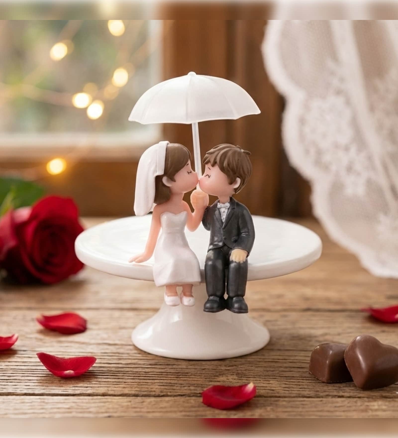 Romantic Couple Kissing Under Umbrella Showpiece Valentine Gift