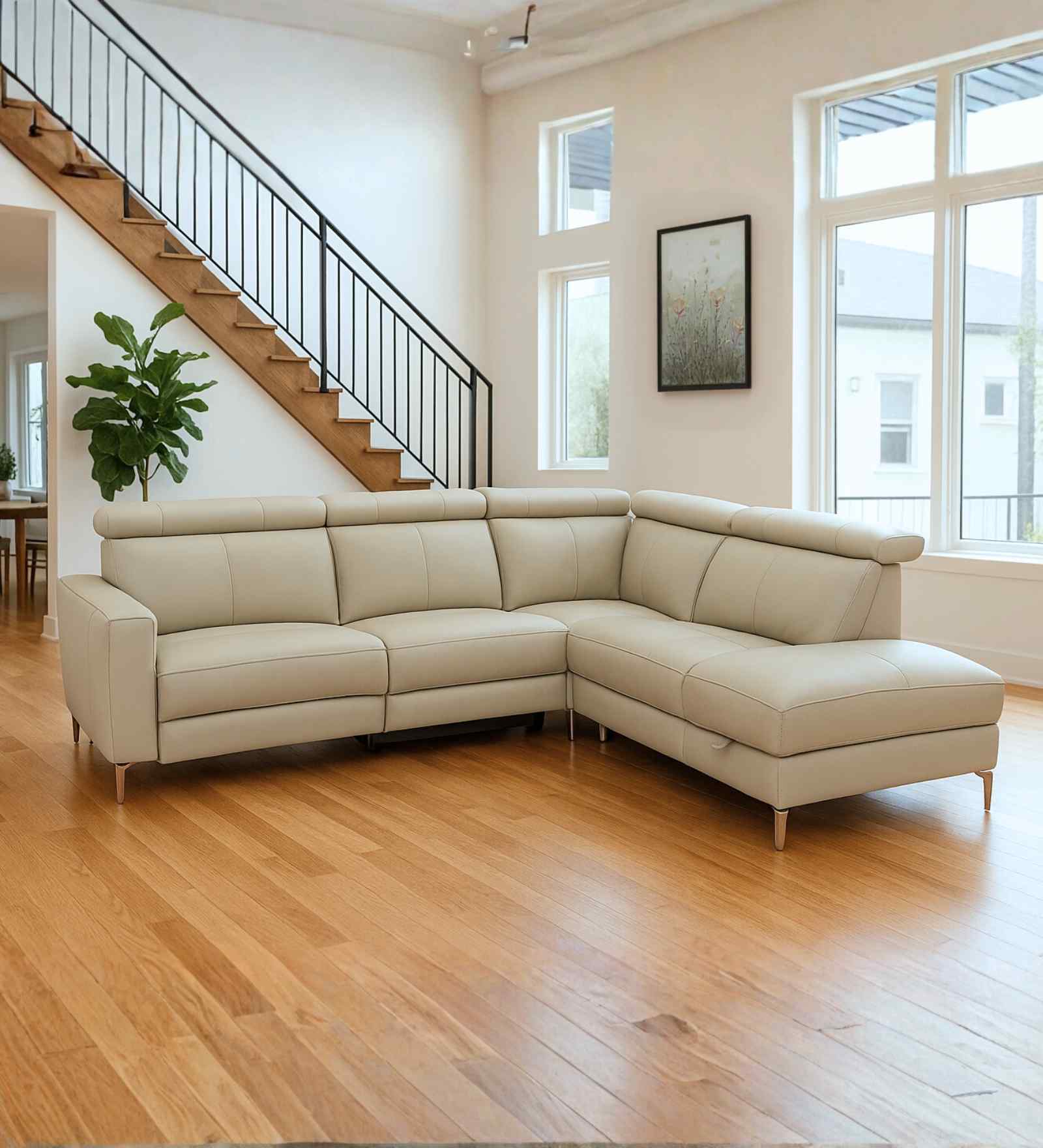 Rome Italian Leatherette Corner L-Shape Motorised Recliner With Bulit In Storage & Adjustable Headrests (3+ Lounger) In Beige Color