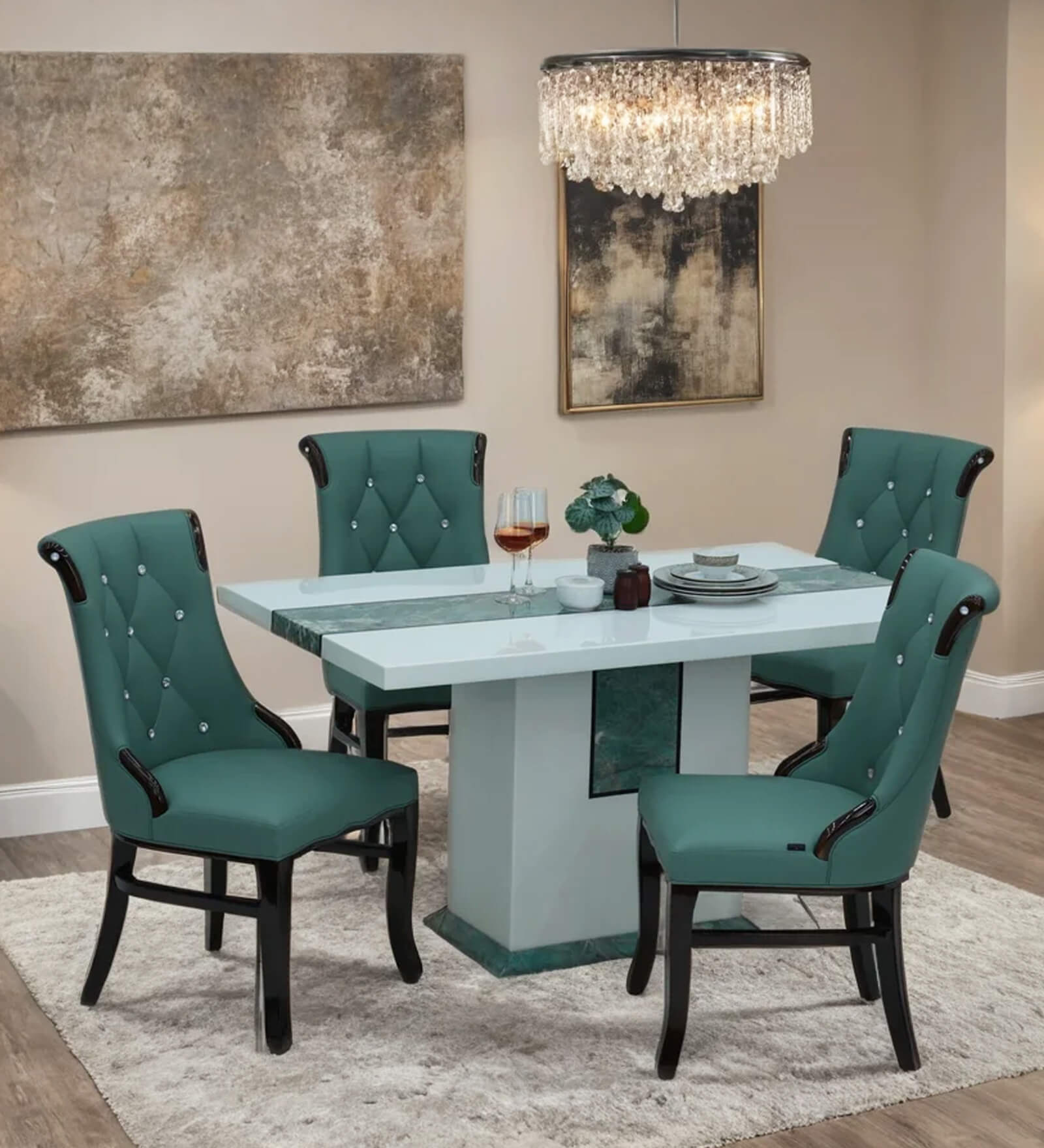 Rome Marble Top 4 Seater Dining Set in Sky Blue & Black Colour