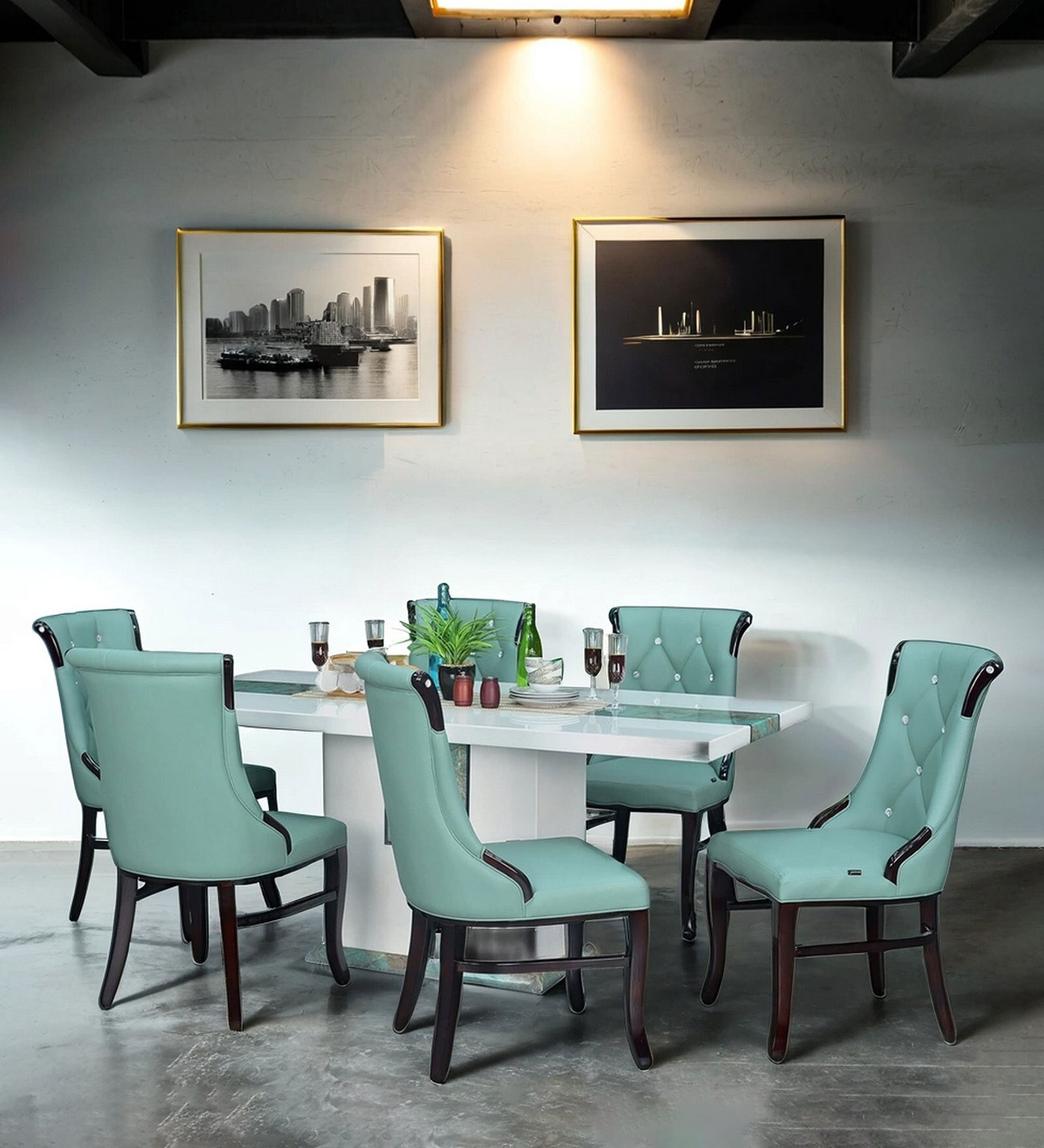 Rome Marble Top 6 Seater Dining Set in Sky Blue & Black Finish Rome Marble Top 6 Seater Dining Set in Sky Blue & Black Finish