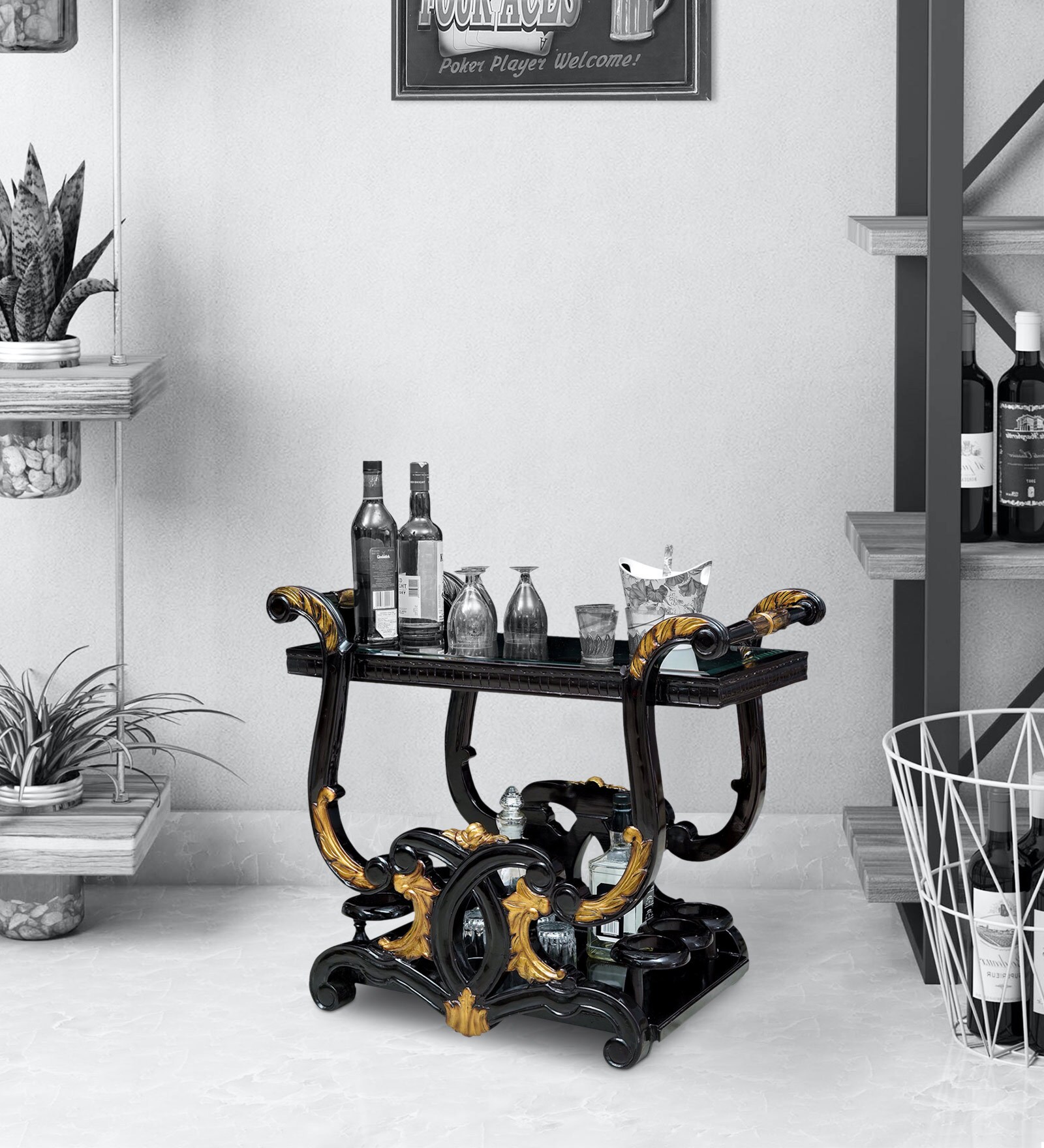 Romeo Carving Bar Trolley In Dark Walnut Finish