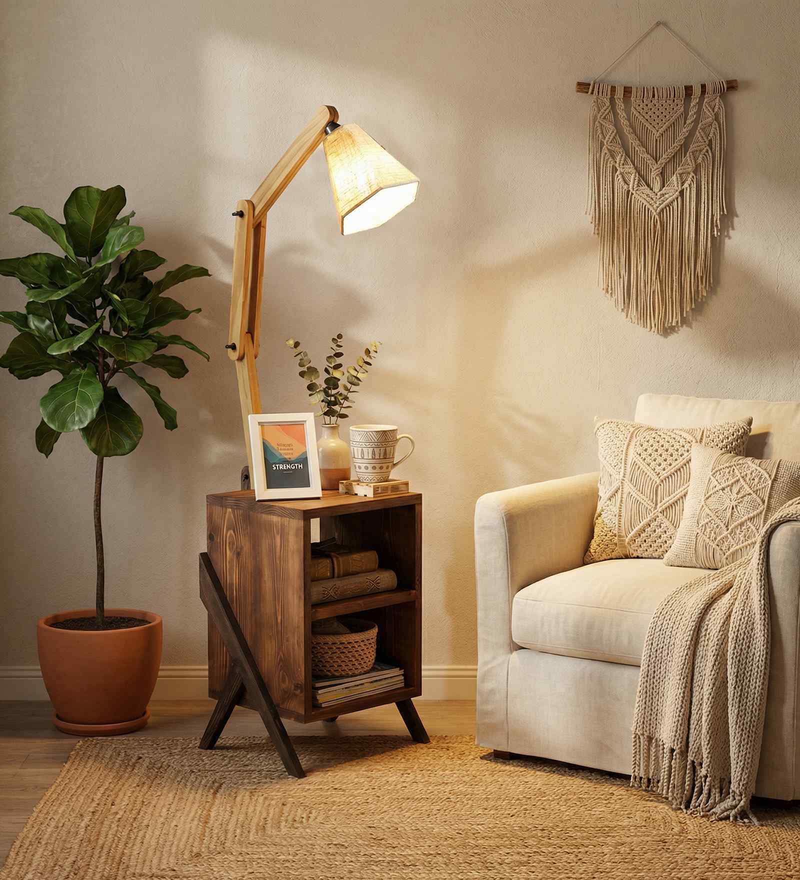 Ronan Wooden Shelf Floor Lamp with Wooden Shade & Brown Base