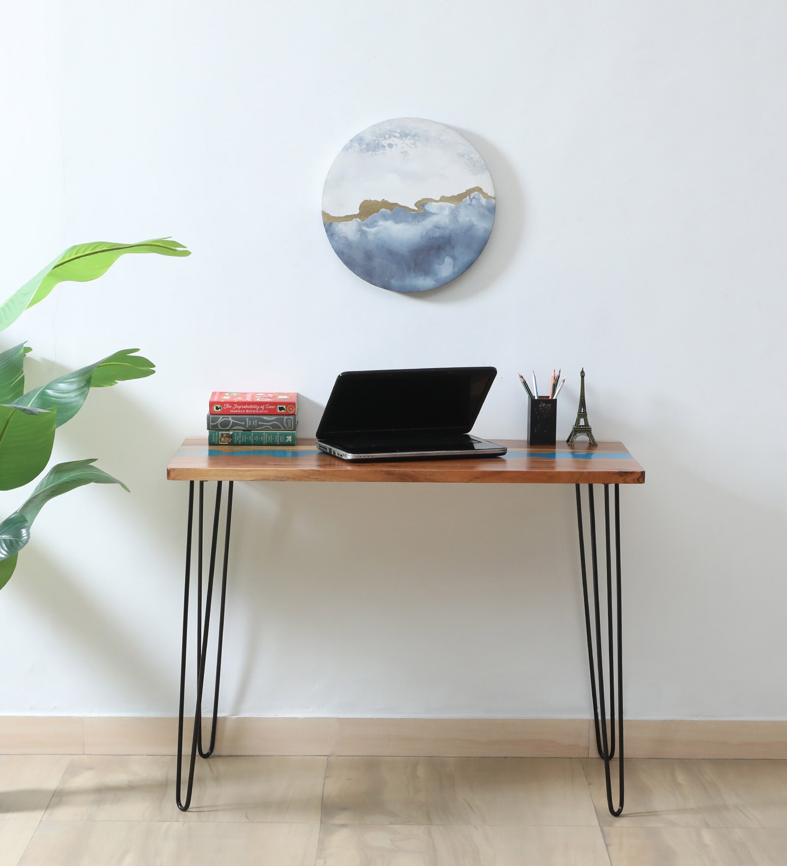 Ronse Acacia Wood With Blue Epoxy Resin Study Table In Natural Finish