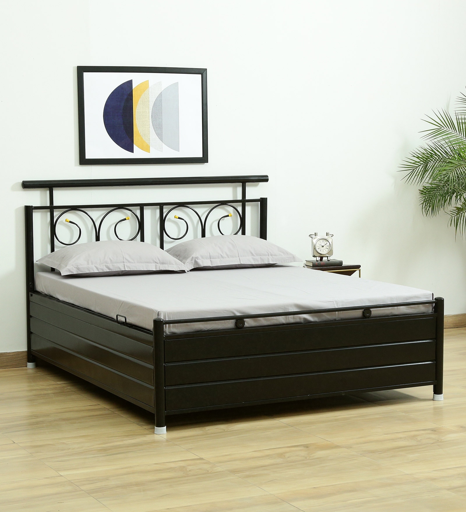 Buy Rosalind Metal Queen Size Bed With Hydraulic Storage In Black