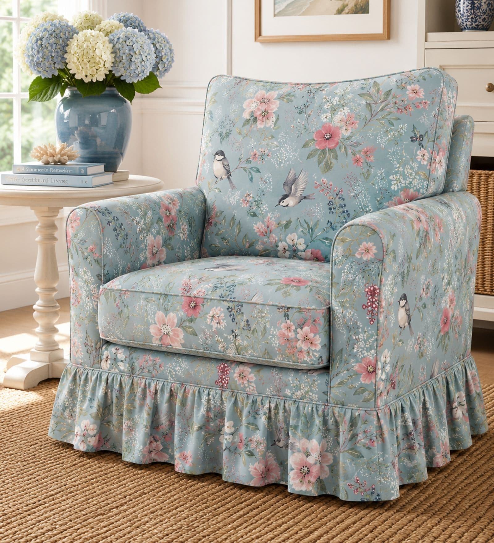Rosara1 Seater Sofa With Teak Wood And Suede Fabric In Floral Print