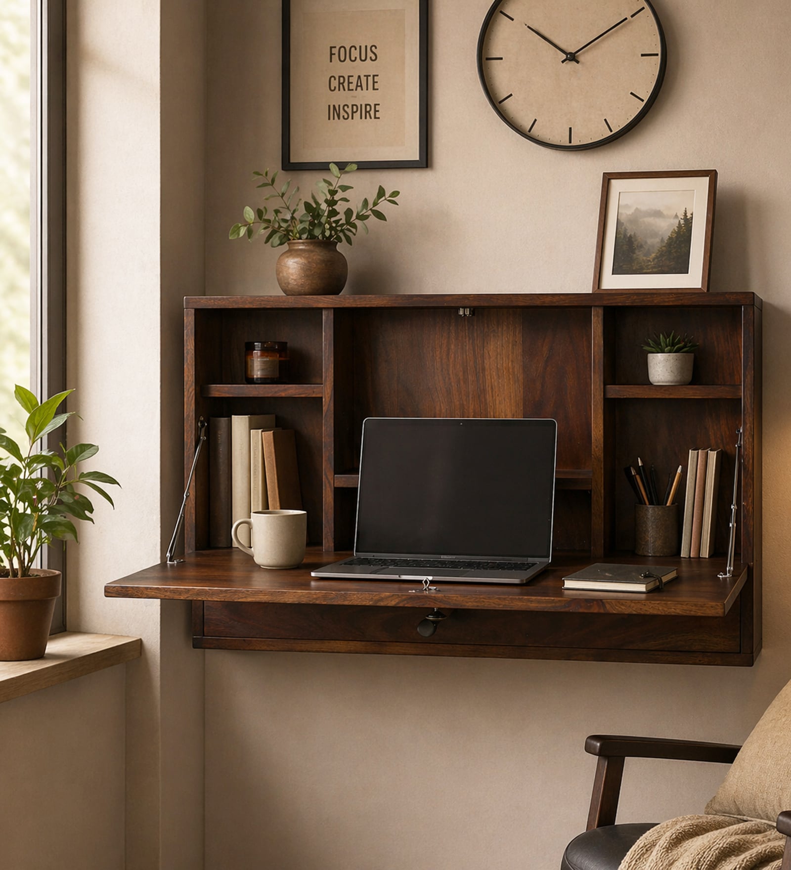 Roscoe Sheesham Wood Wall Mounted Study  Table In Provincial Teak Finish