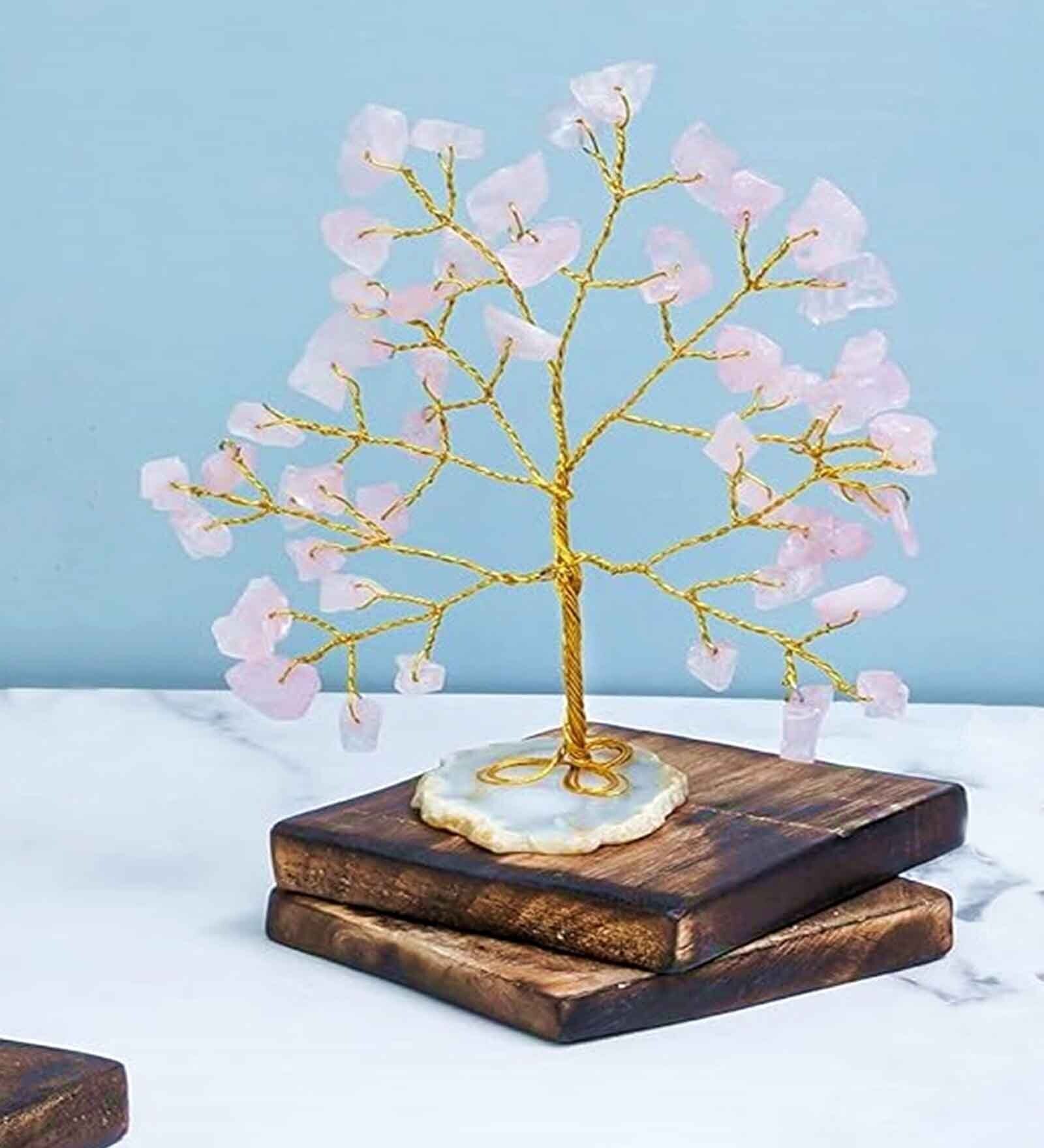 Rose Quartz Pink Stone With Agate Slice Base Vastu Good Fortune Crystal Tree for Home/Office D cor for Gift