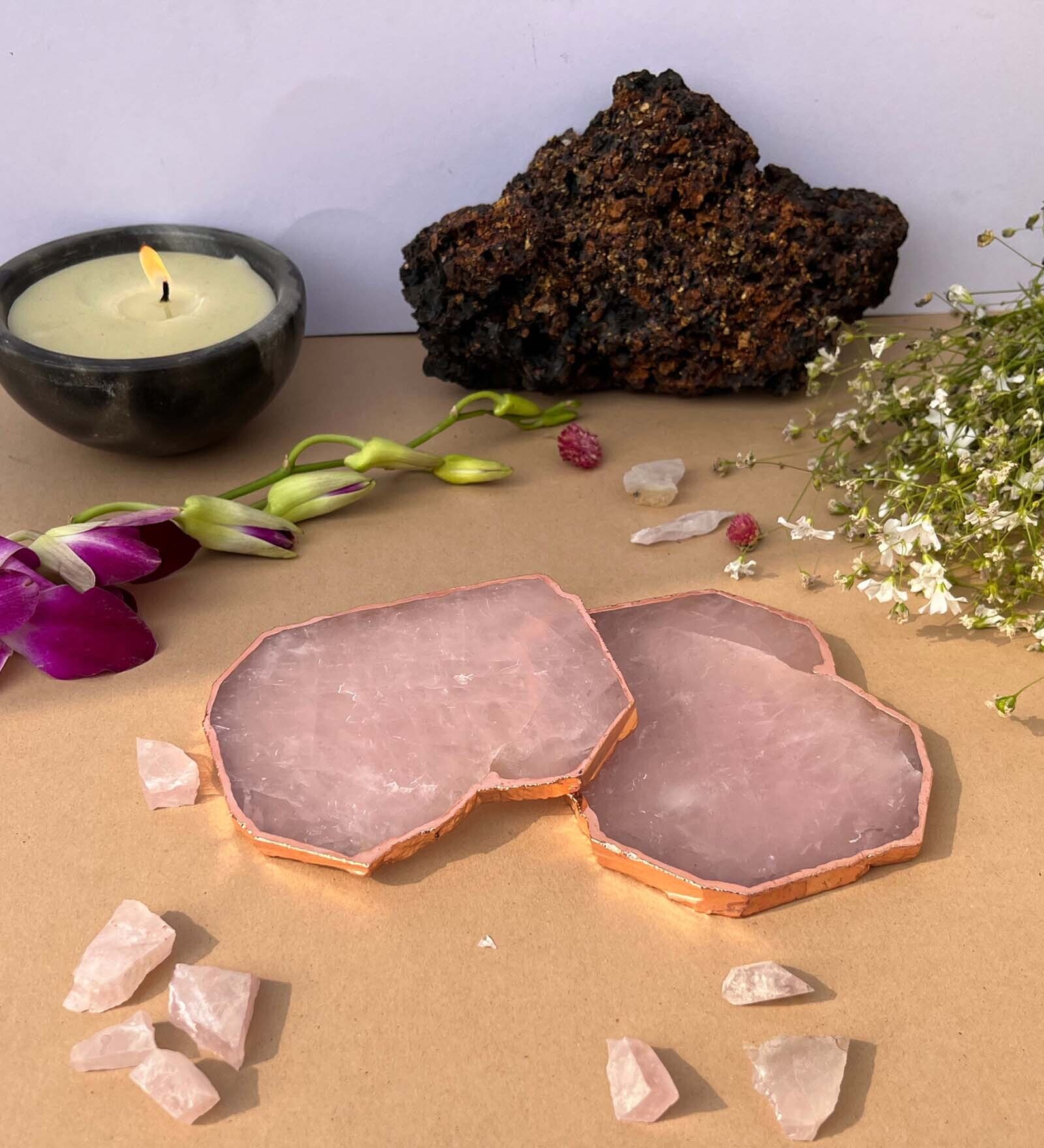 Rose Quartz Rose Gold Plated Coaster Set of 2 for Bar, Beer, Coffee, Tea