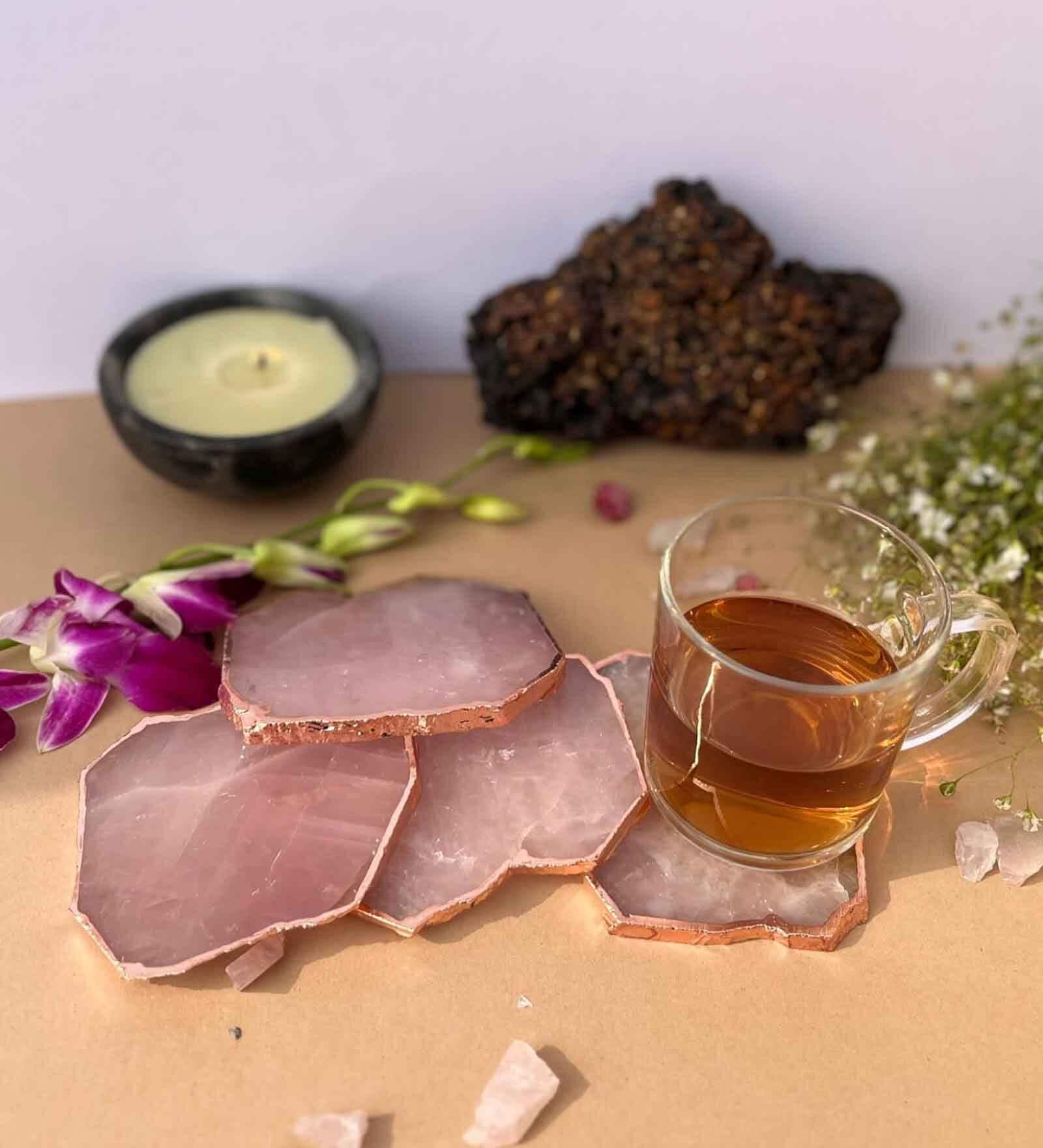 Rose Quartz Rose Gold Plated Coaster Set of 4 for Bar, Beer, Coffee, Tea
