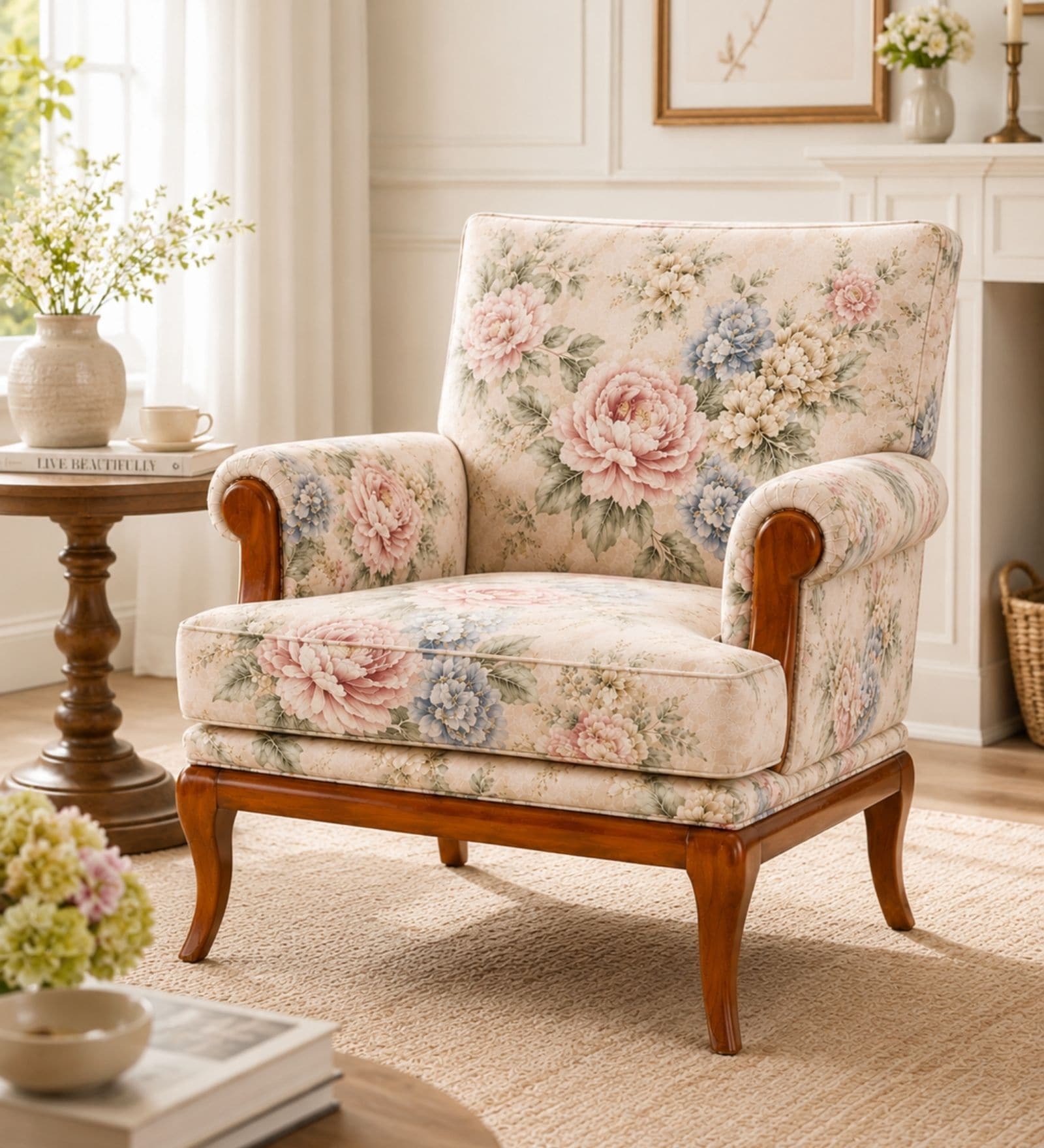 Rosea Teak Wood Arm Chair With Suede Fabric In Multicolor