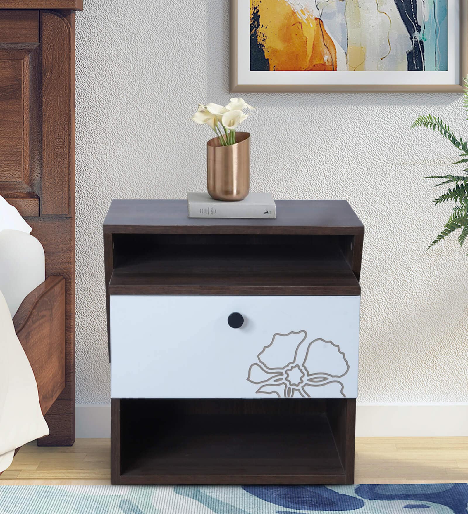 Rosebud BedsideTable In Columbian Walnut & Frosty White Glossy Color