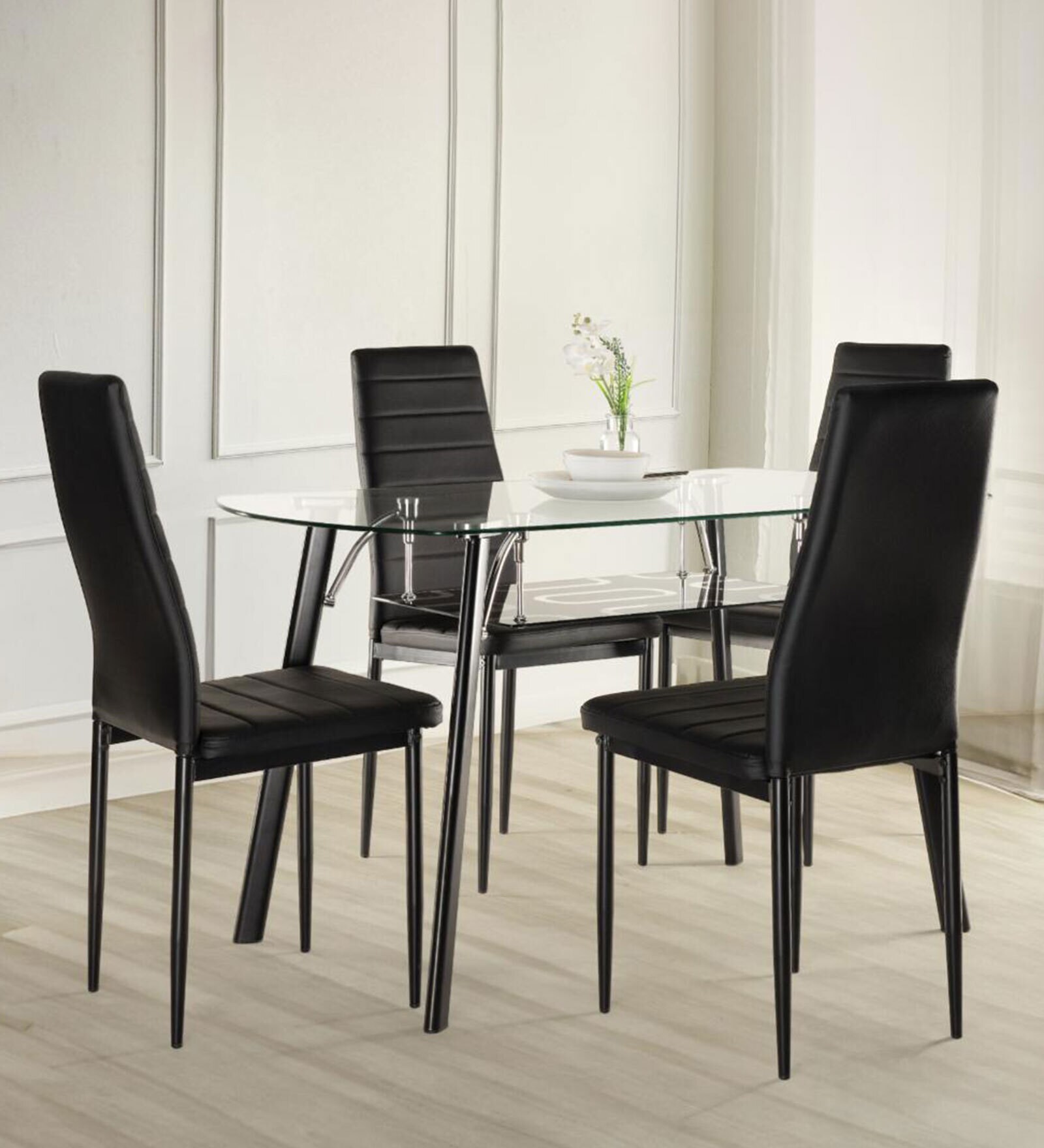 Rosemary Glass Top 4 Seater Dining Set In Black Colour