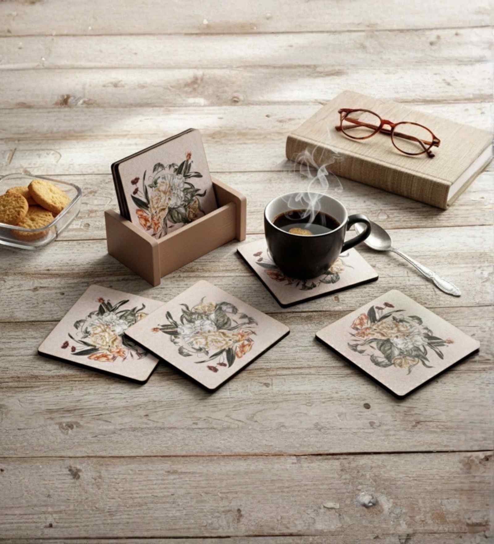 Rosemary Wooden Coaster Set of 6 with Stand