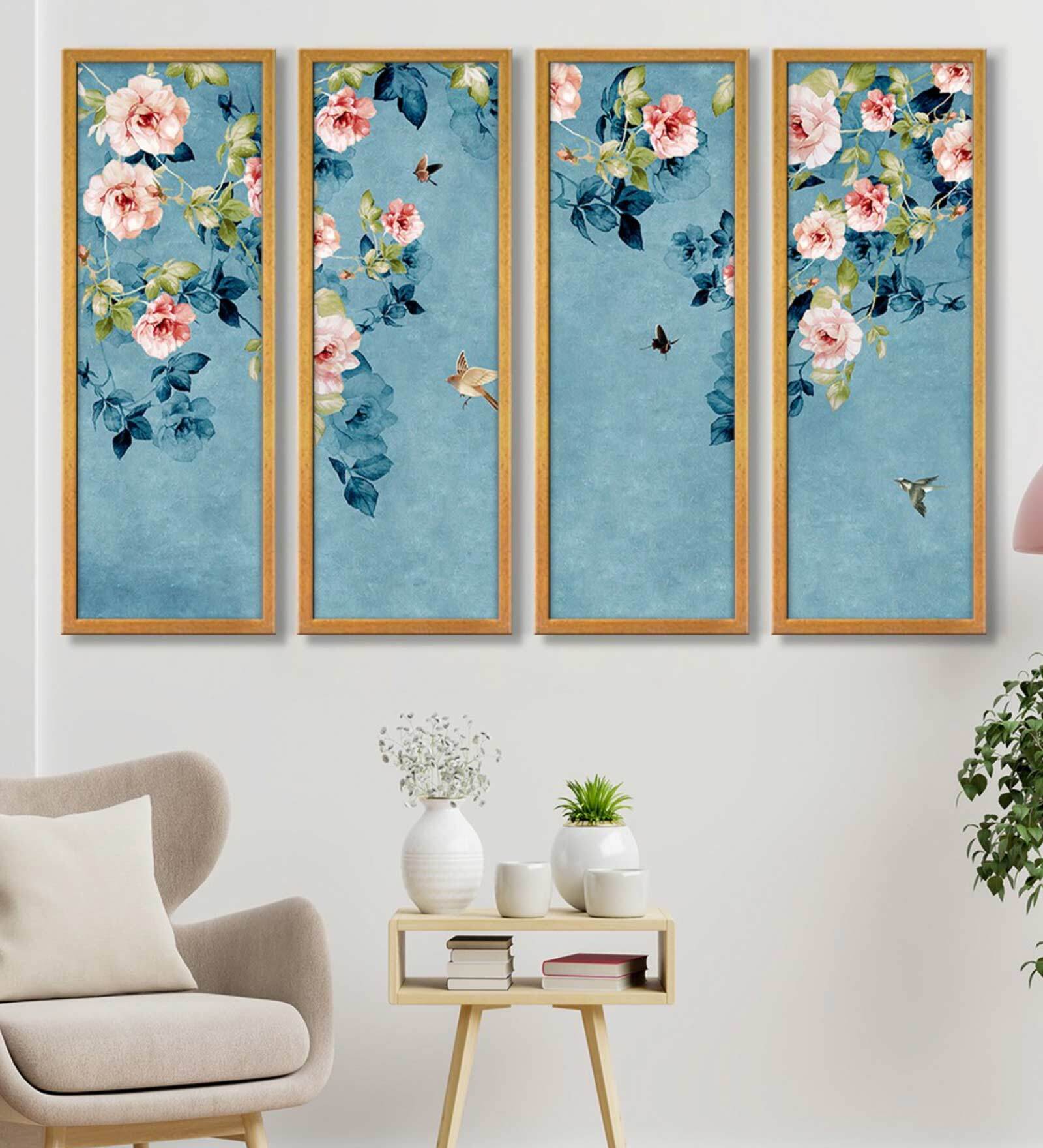 Roses Leaves Multicolour Canvas Framed Abstract Art Panel Set of 4