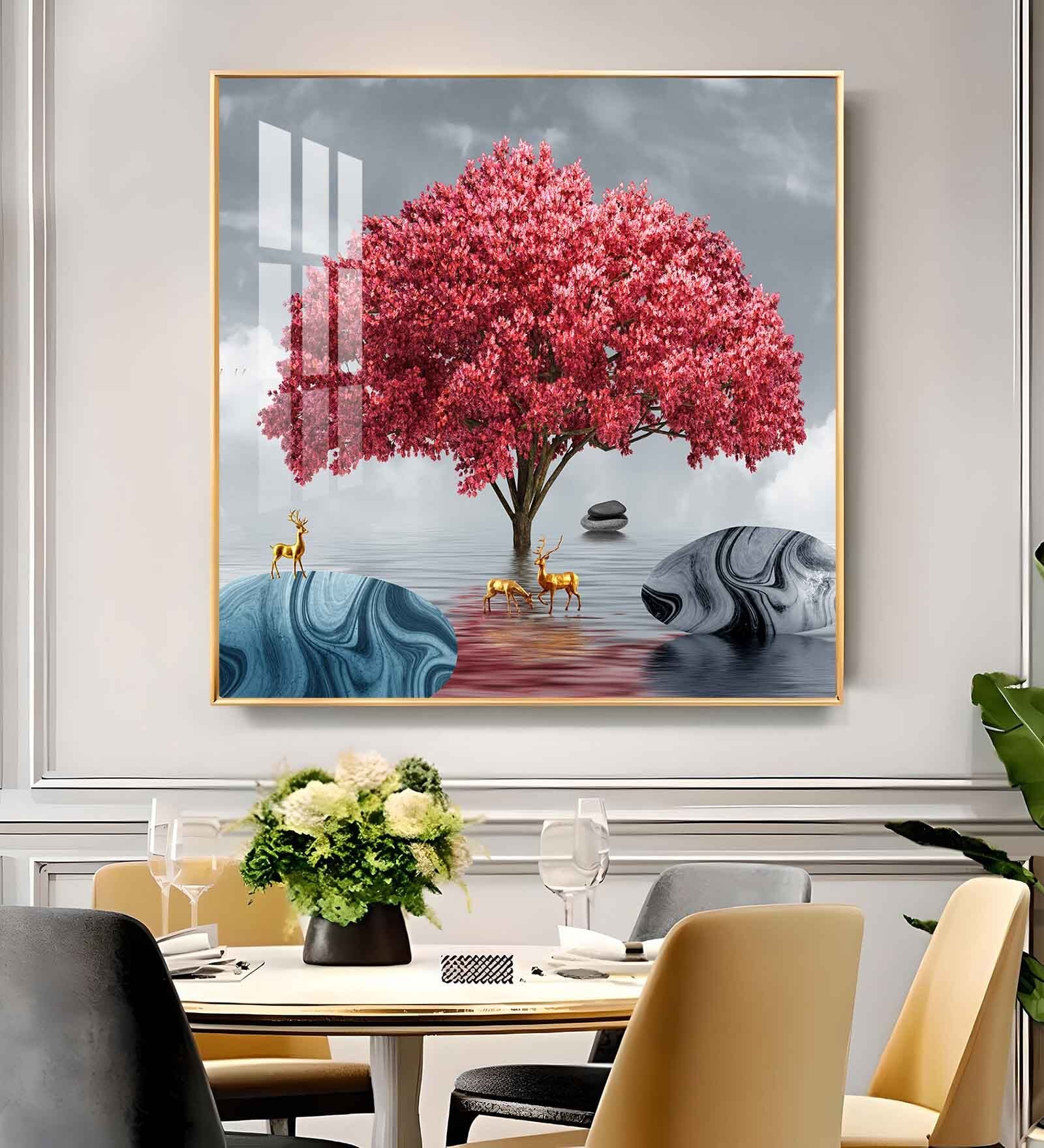 Rosy Bloom Tree Glass Finish Square Wall Art