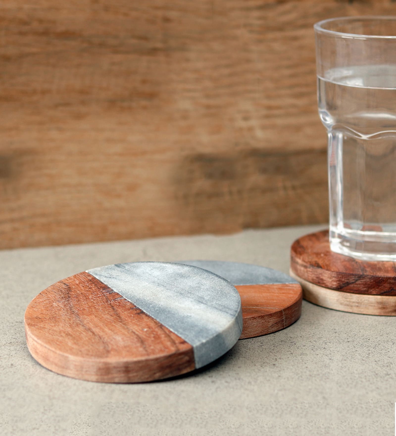 Round (Set of 4) White & Brown Colour Mango Wood & Marble
 Table Coaster