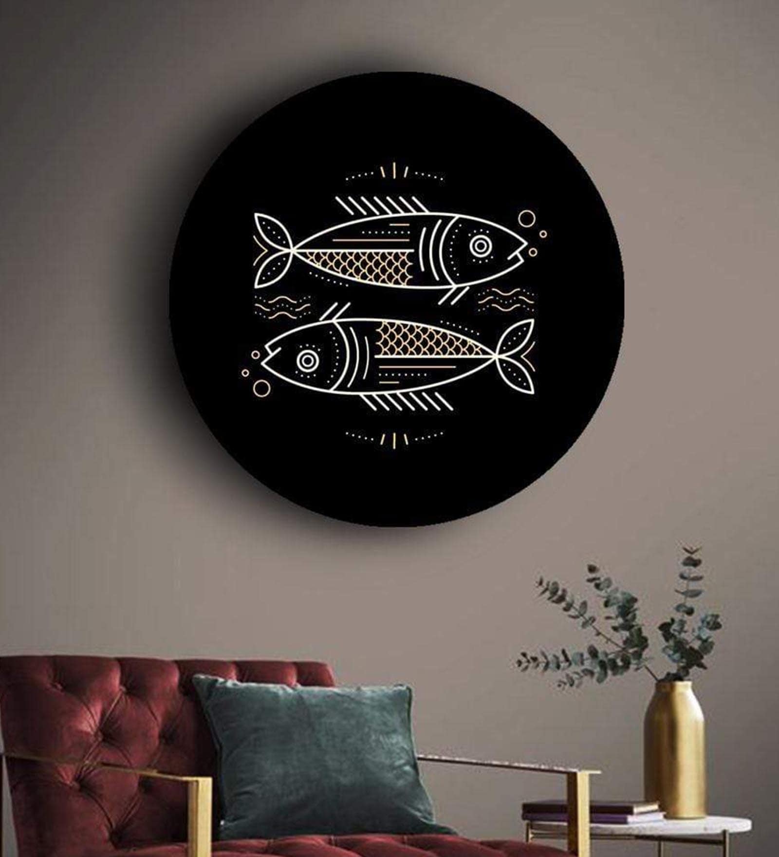 Round Black Black And Gold Zodiac Canvas Art Print
