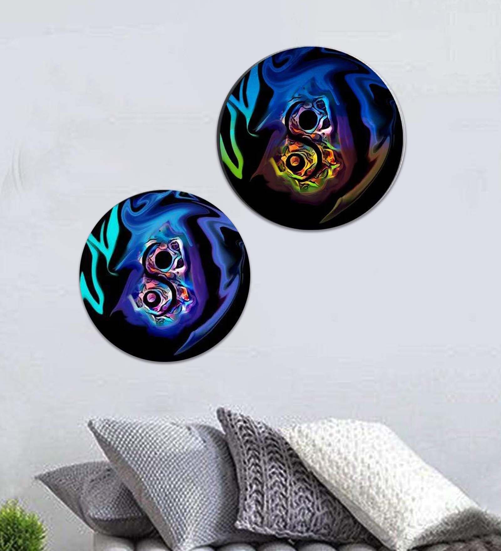 Round Blue Abstract Yin And Yang Canvas Set Of 2 Art Print