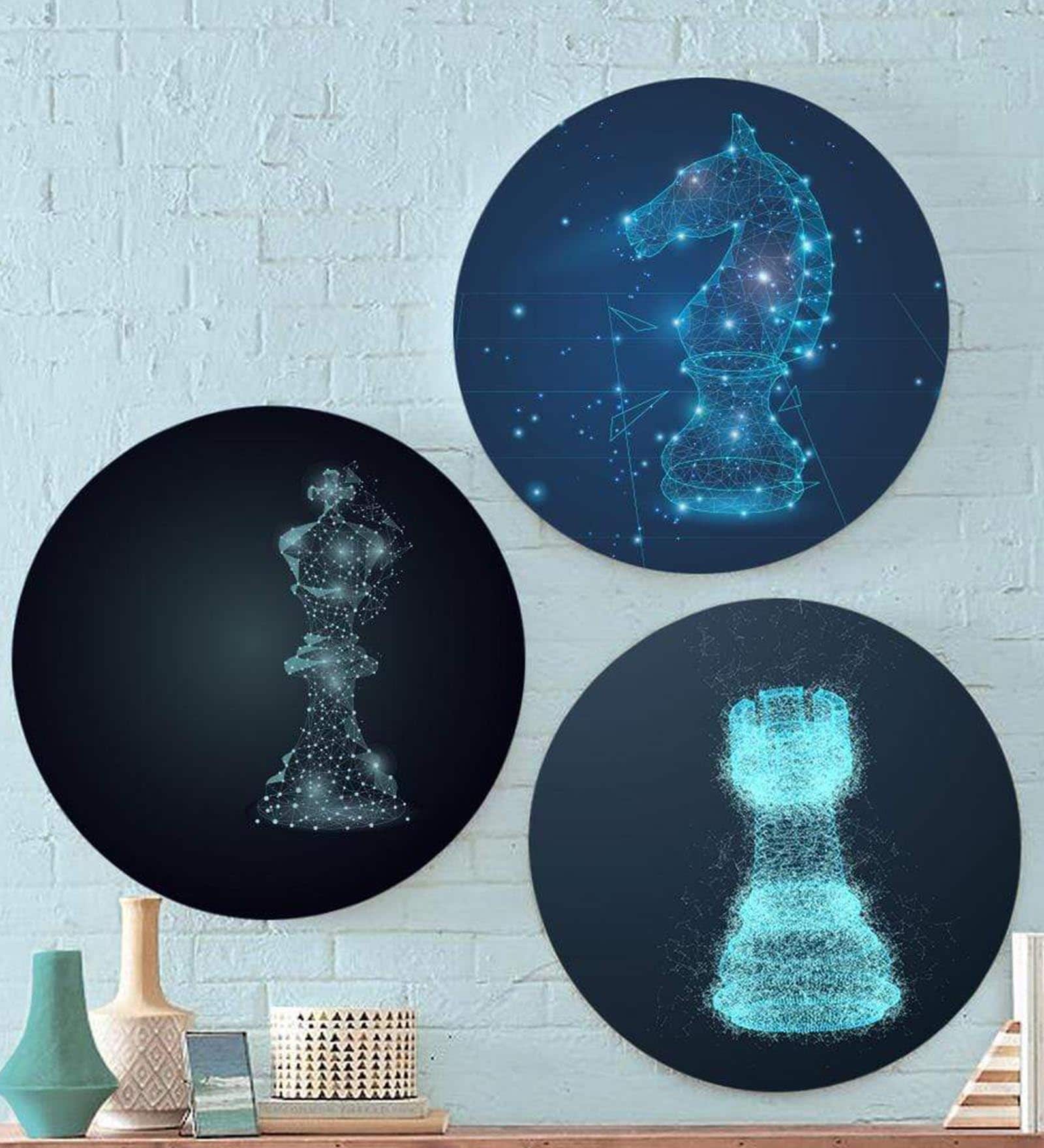 Round Blue Digital Chess Game Canvas Set Of 3 Art Print