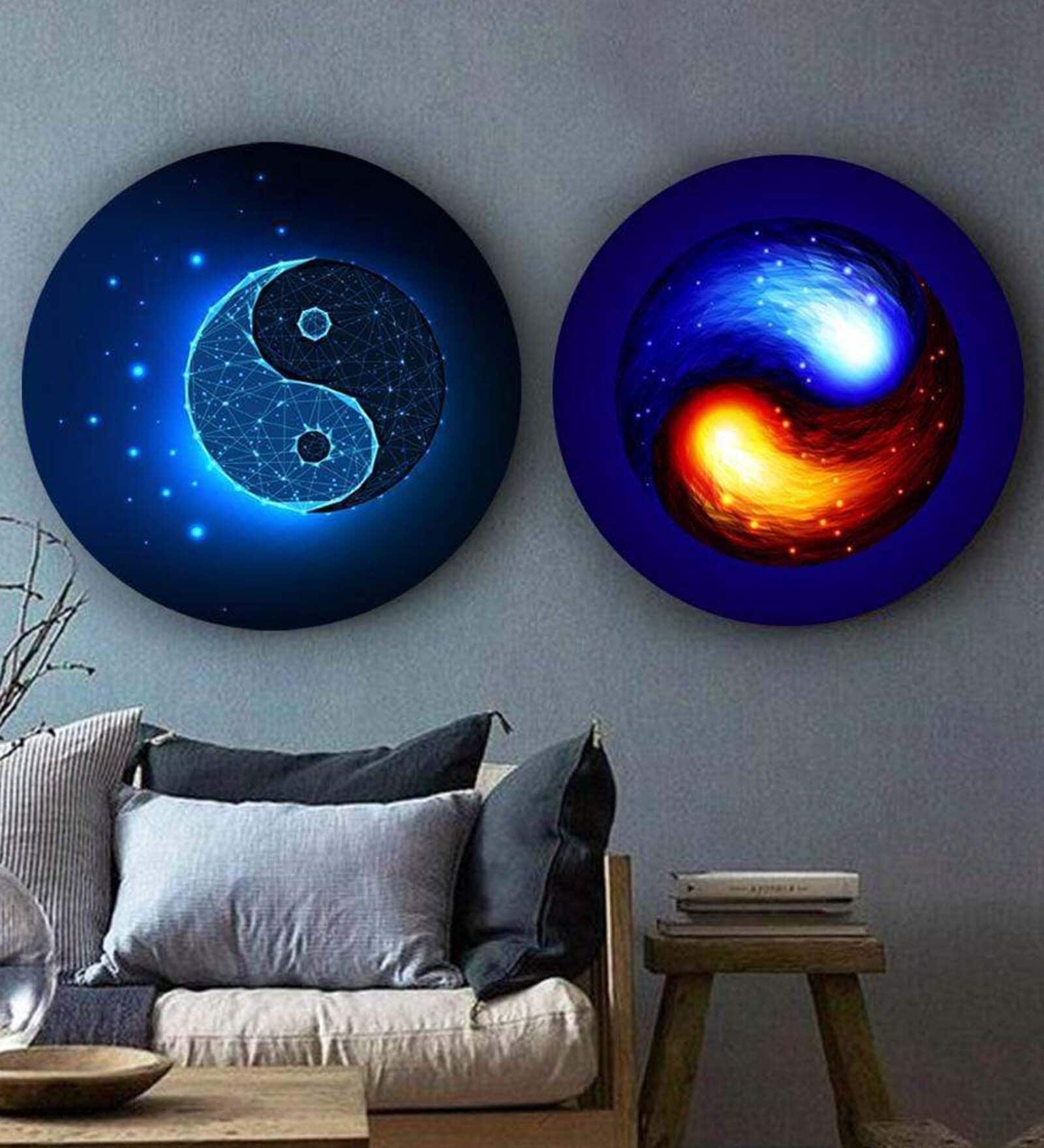 Round Blue In The Spirit Of Yin And Yang Canvas Set Of 2 Art Print