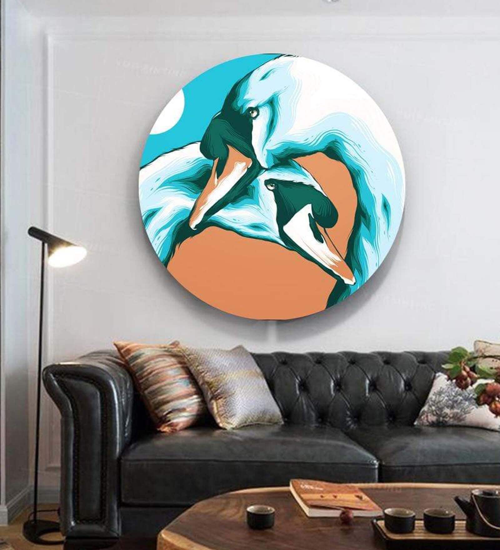 Round Blue Pair Of Mute Swans Canvas Art Print