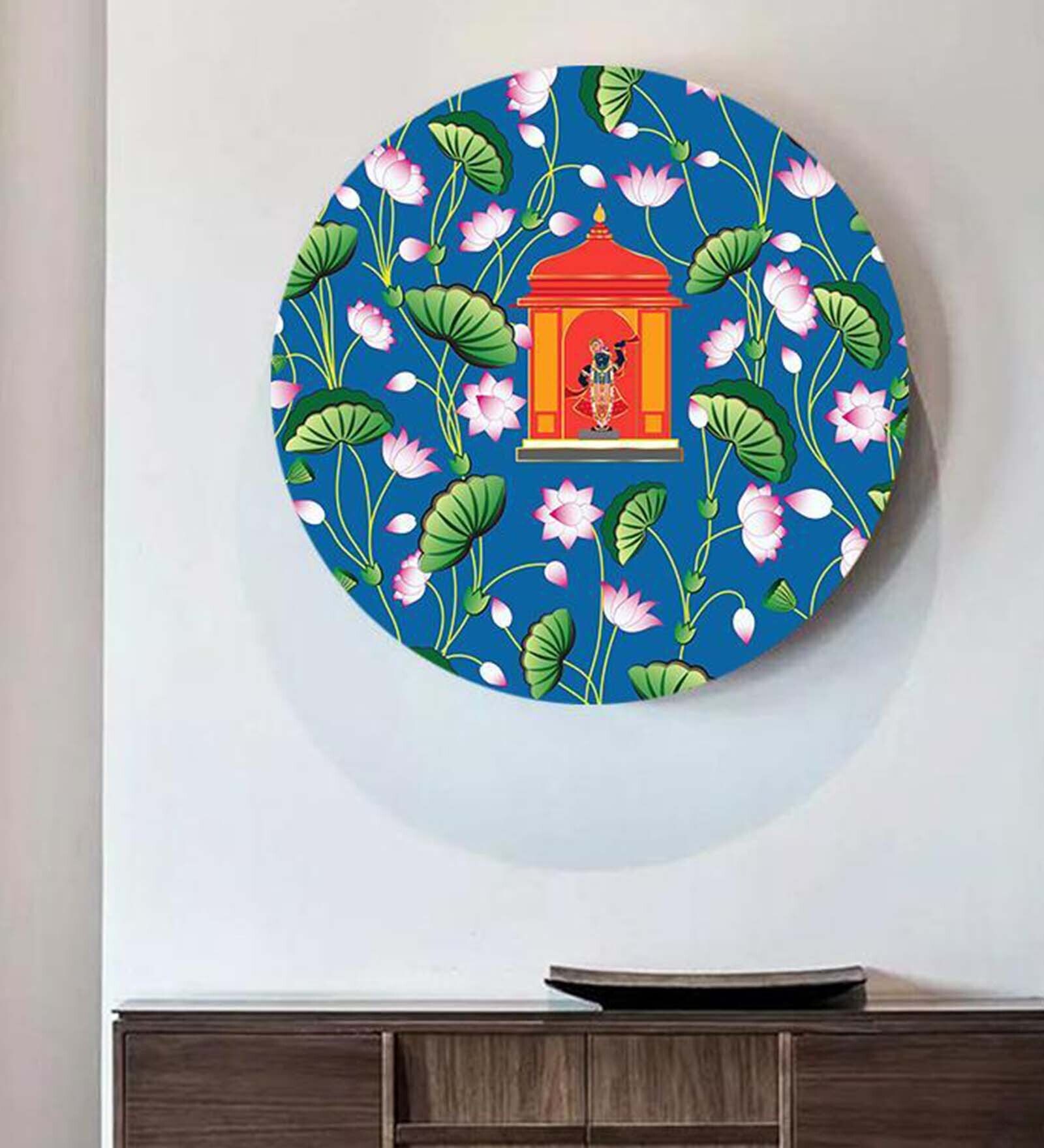 Round Blue Pichwai Folk Art Krishna Canvas Art Print