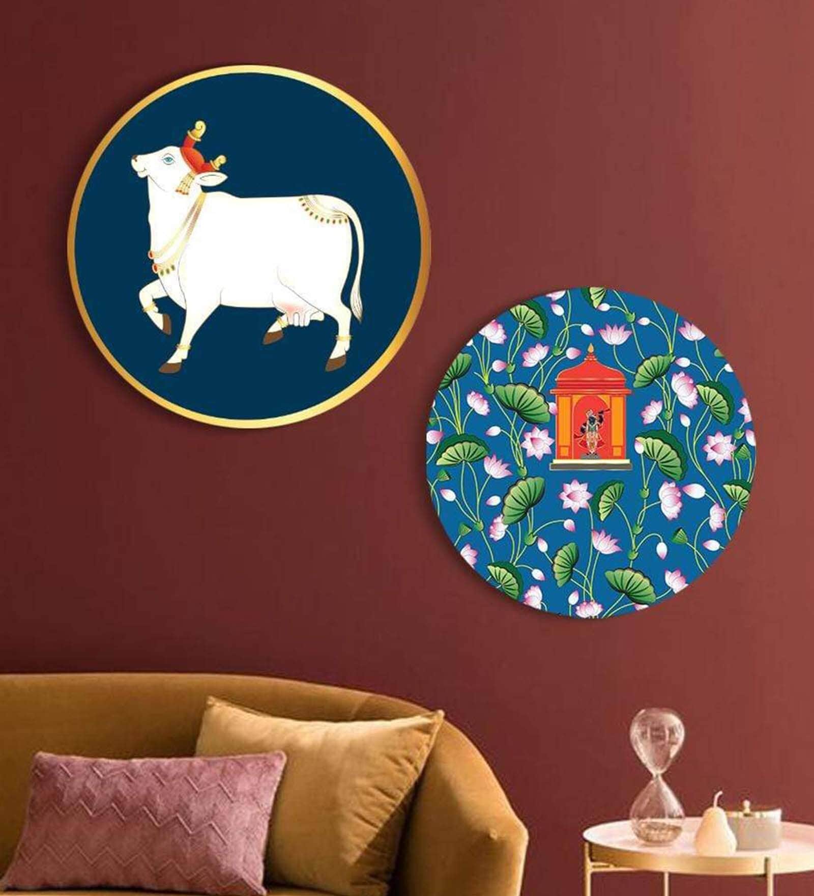 Round Blue Pichwai Folk Art Krishna Canvas Set Of 2 Art Print