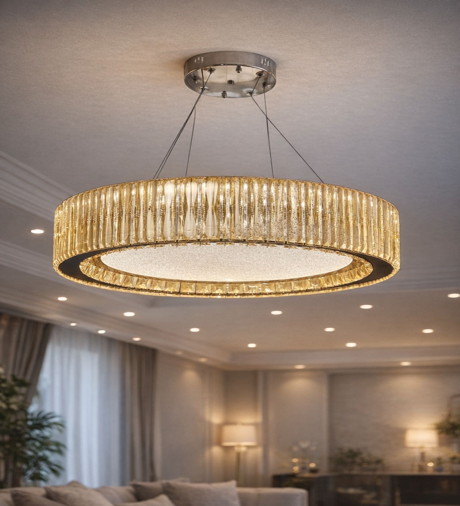  Round Crystal Chandelier Lighting Fixture, Office Reception Ceiling Hanging Light for Dining Room Bedroom Living Room Entryway (500MM Diameter) (Chrome Body)