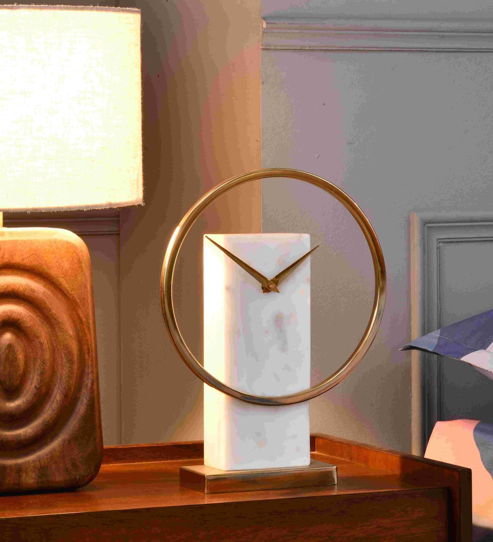 Round Dial Gold Metal and Stone Table Clock