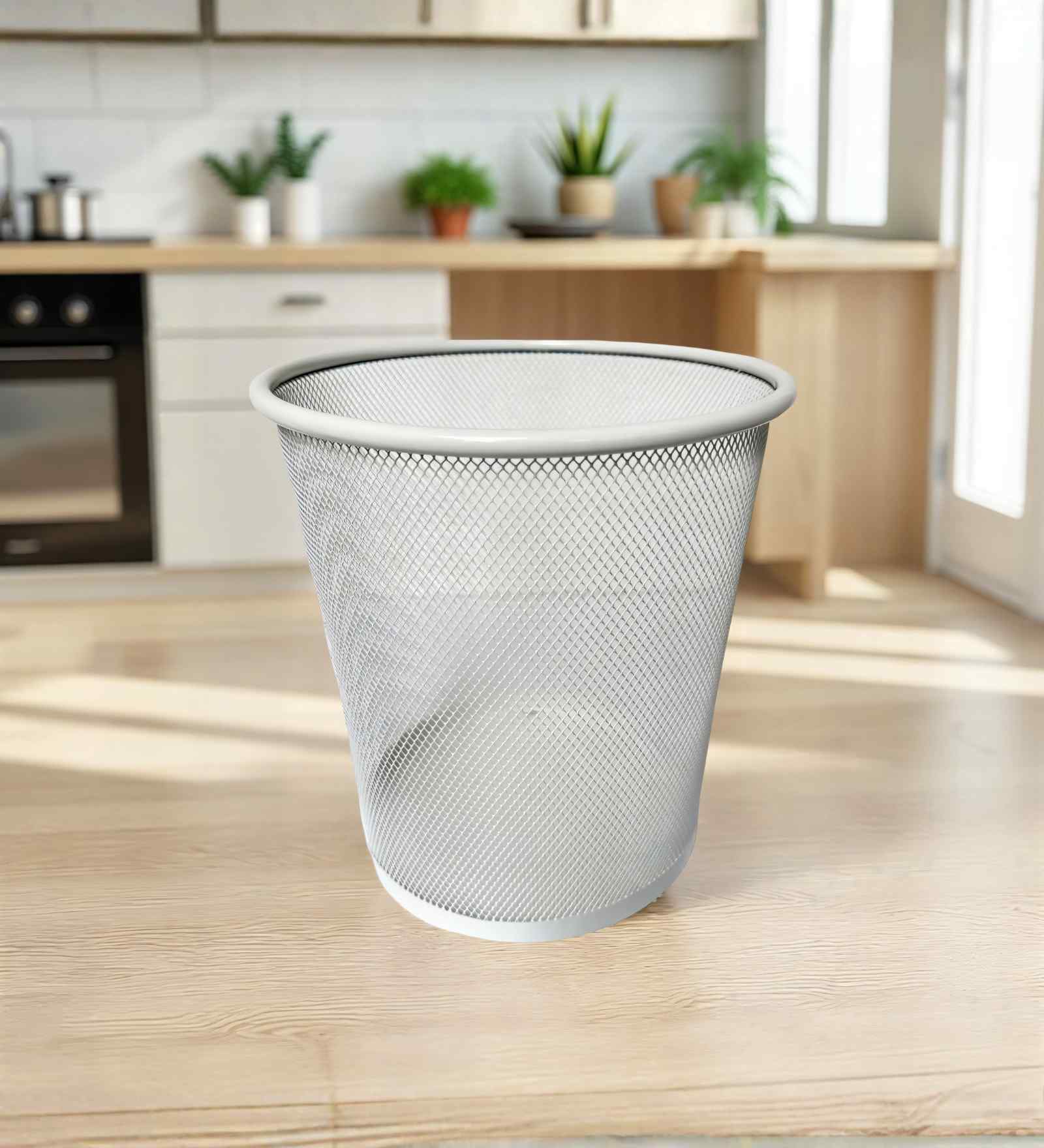 Round Ecru White Metal Mesh Dustbin, Modern Breathable Waste Basket