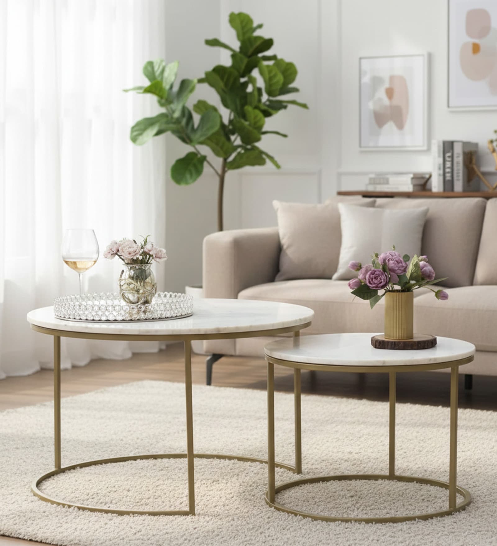 Round Elegant Nesting Coffee Table In White & Gold Finish (Set of 2)