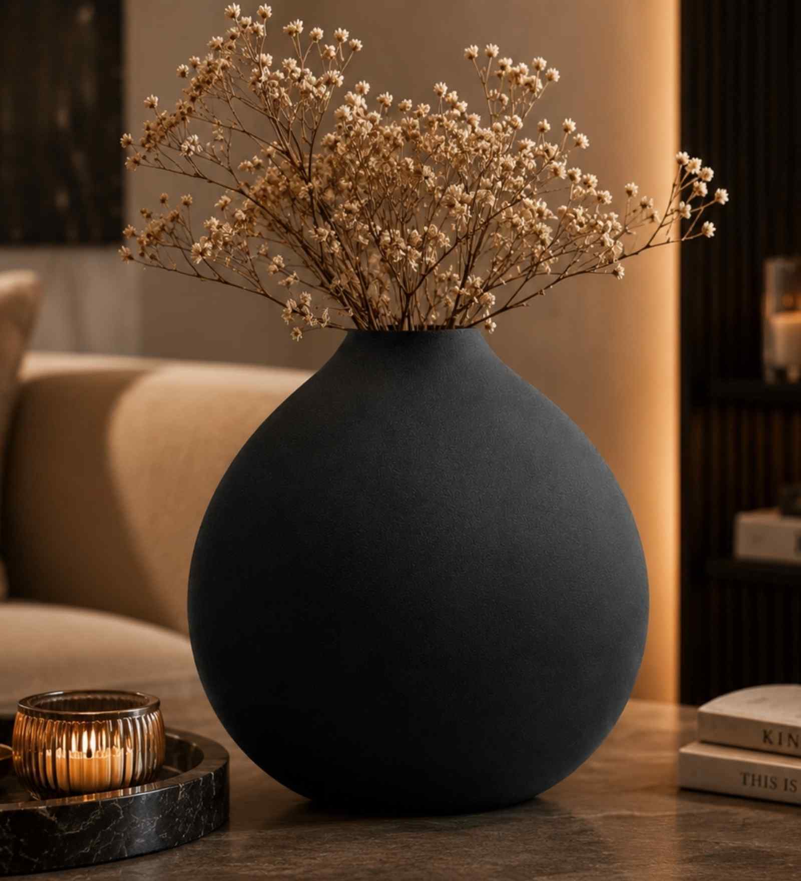 Round Flower Vase for Home Decor, Iron,Black Textured Matte Finish