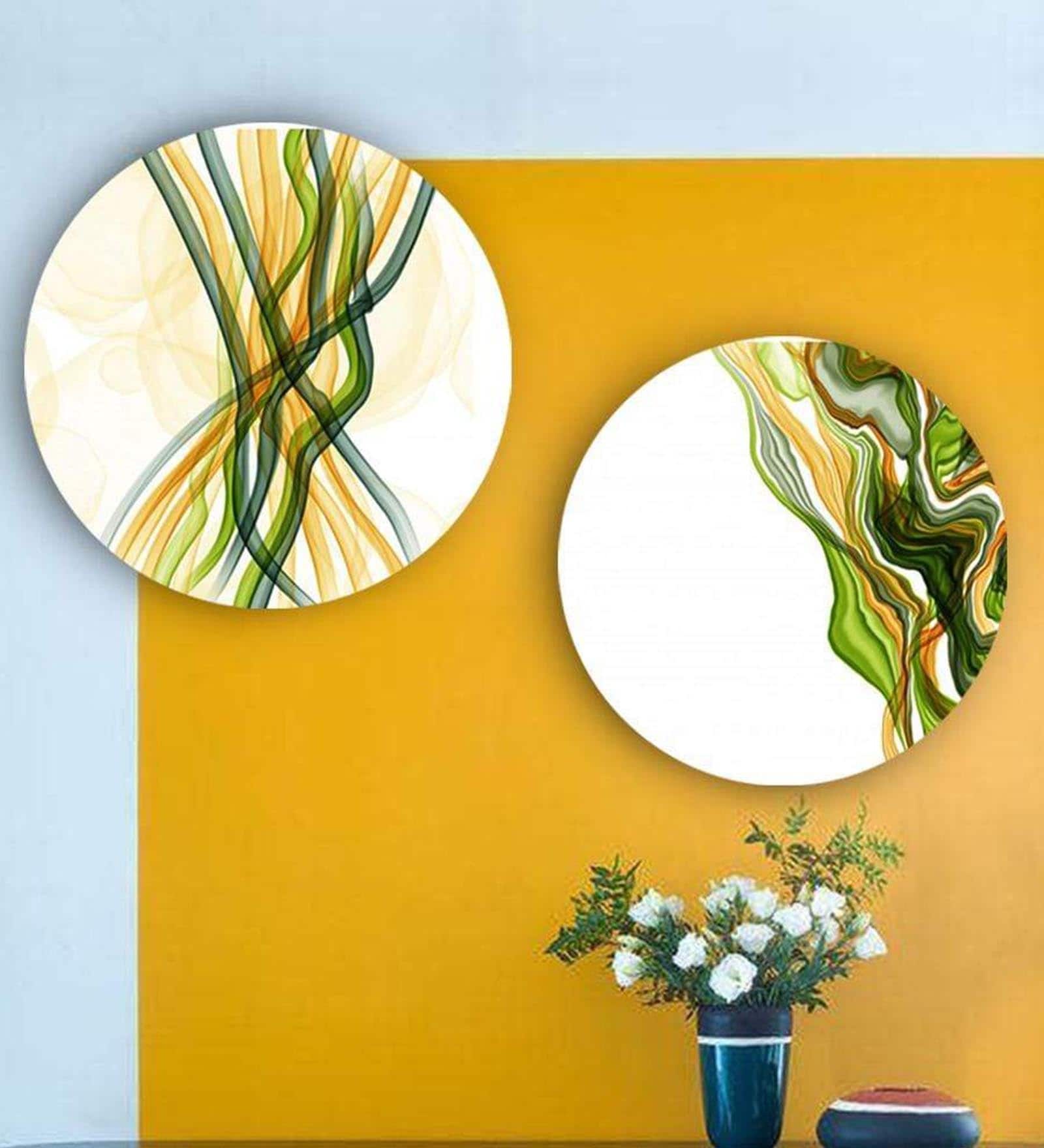 Round Green Abstract Strings Canvas Set Of 2 Art Print