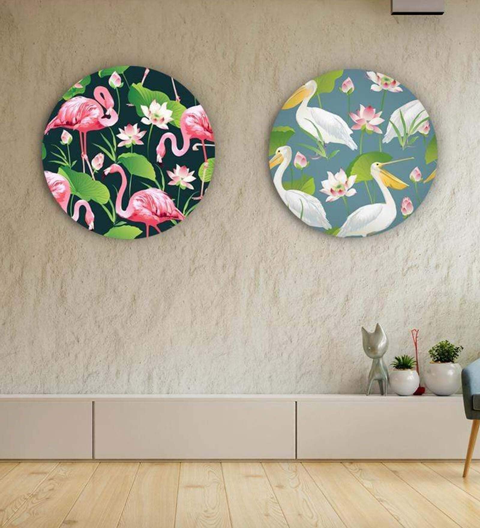Round Green Feet Up Flamingos Canvas Set Of 2 Art Print