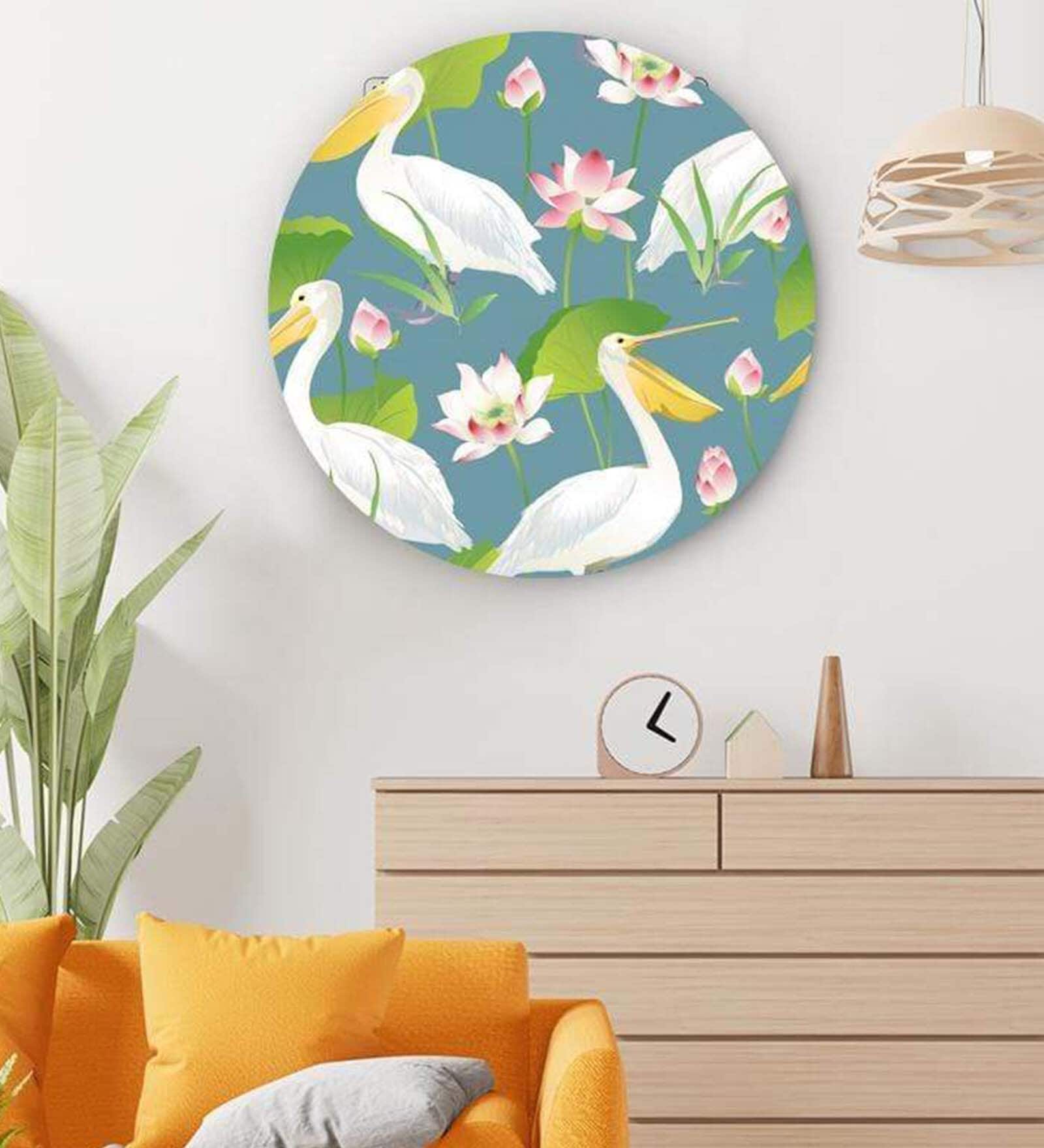 Round Green Pelicans Chilling With Lotuses Canvas Art Print