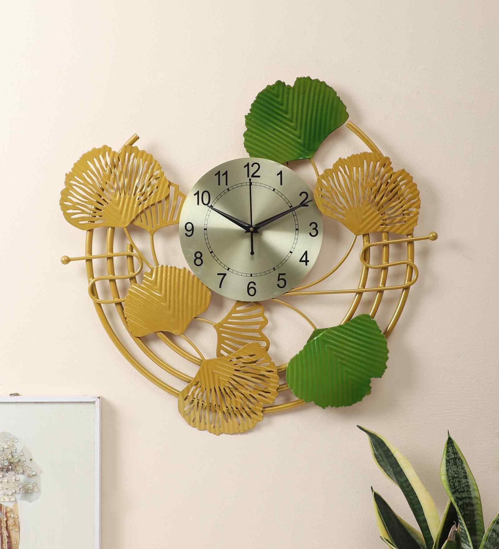 Round Leaves Gold & Green Metal Clock