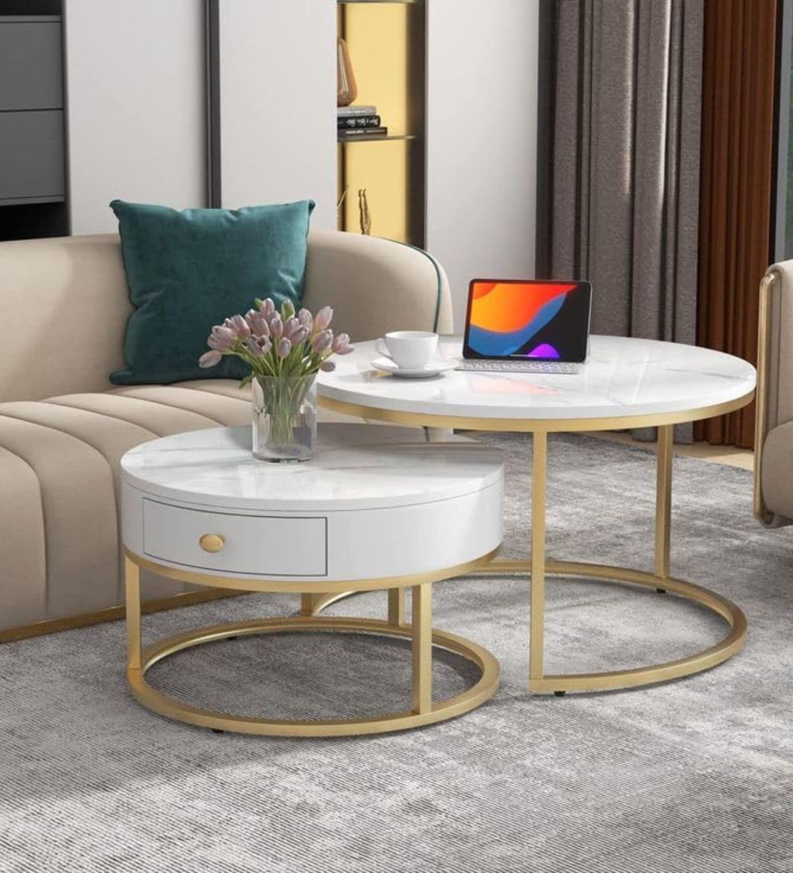 Round Marble Nesting Coffee Table In White & Matt Gold Finish (Set of 2)