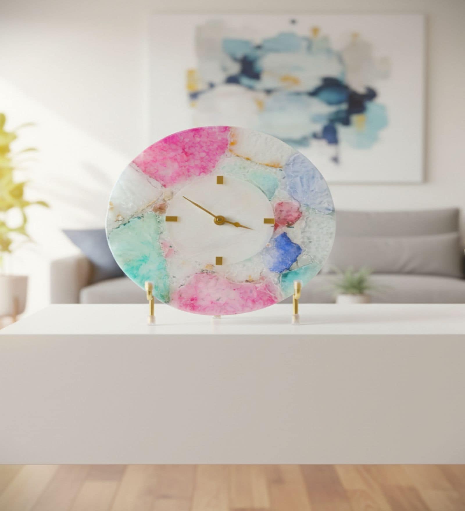 Round Multicolor Agate And White Marble Big Desk Clock With Metal Stand