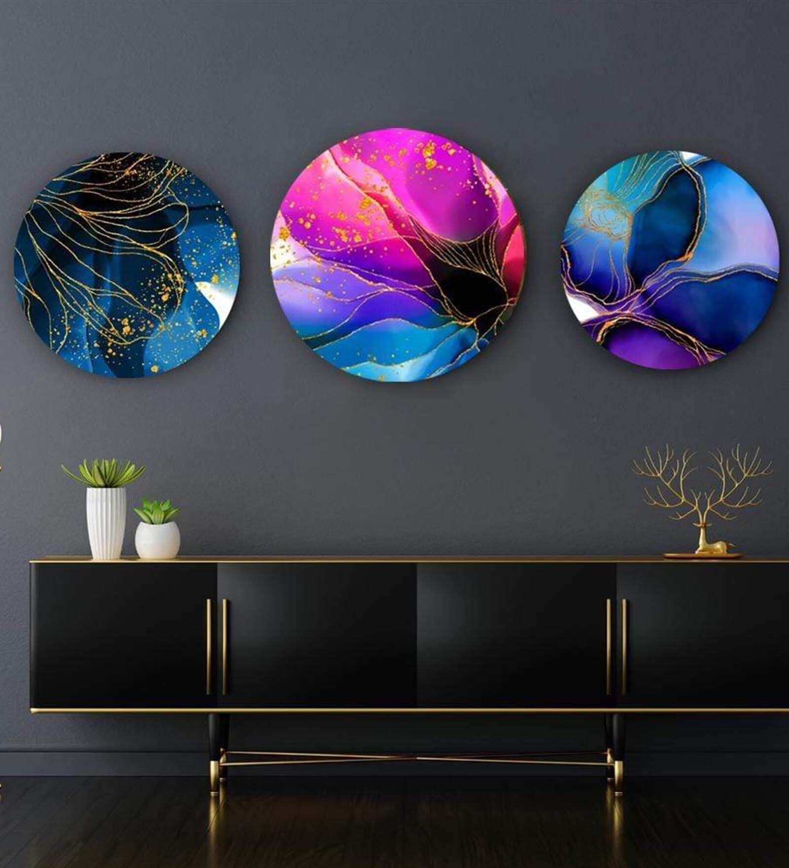 Round Multicolour Abstract Flowers In Hues Of Blue Canvas Set Of 3 Art Print