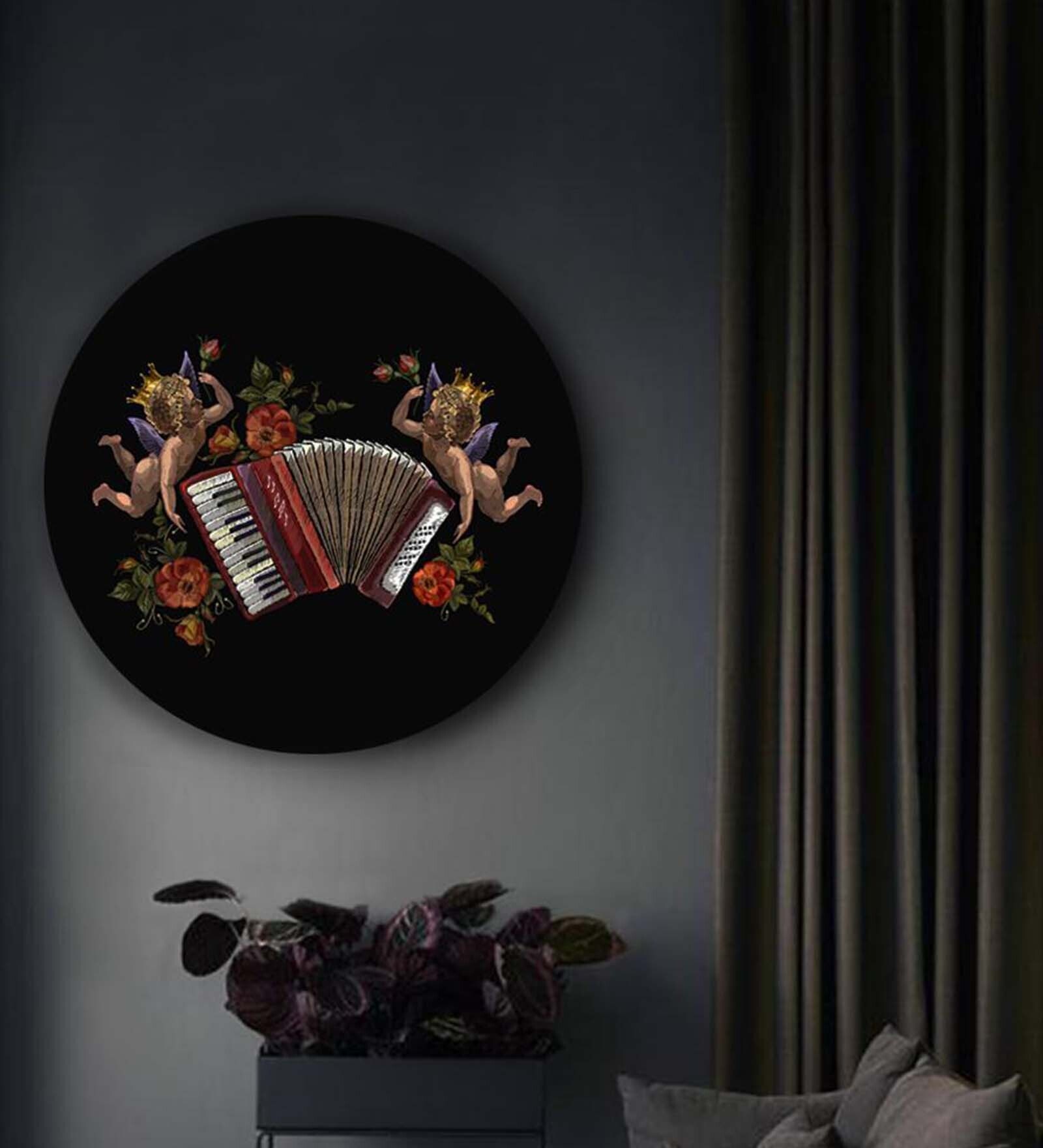 Round Multicolour Angels Playing The Accordion Canvas Art Print