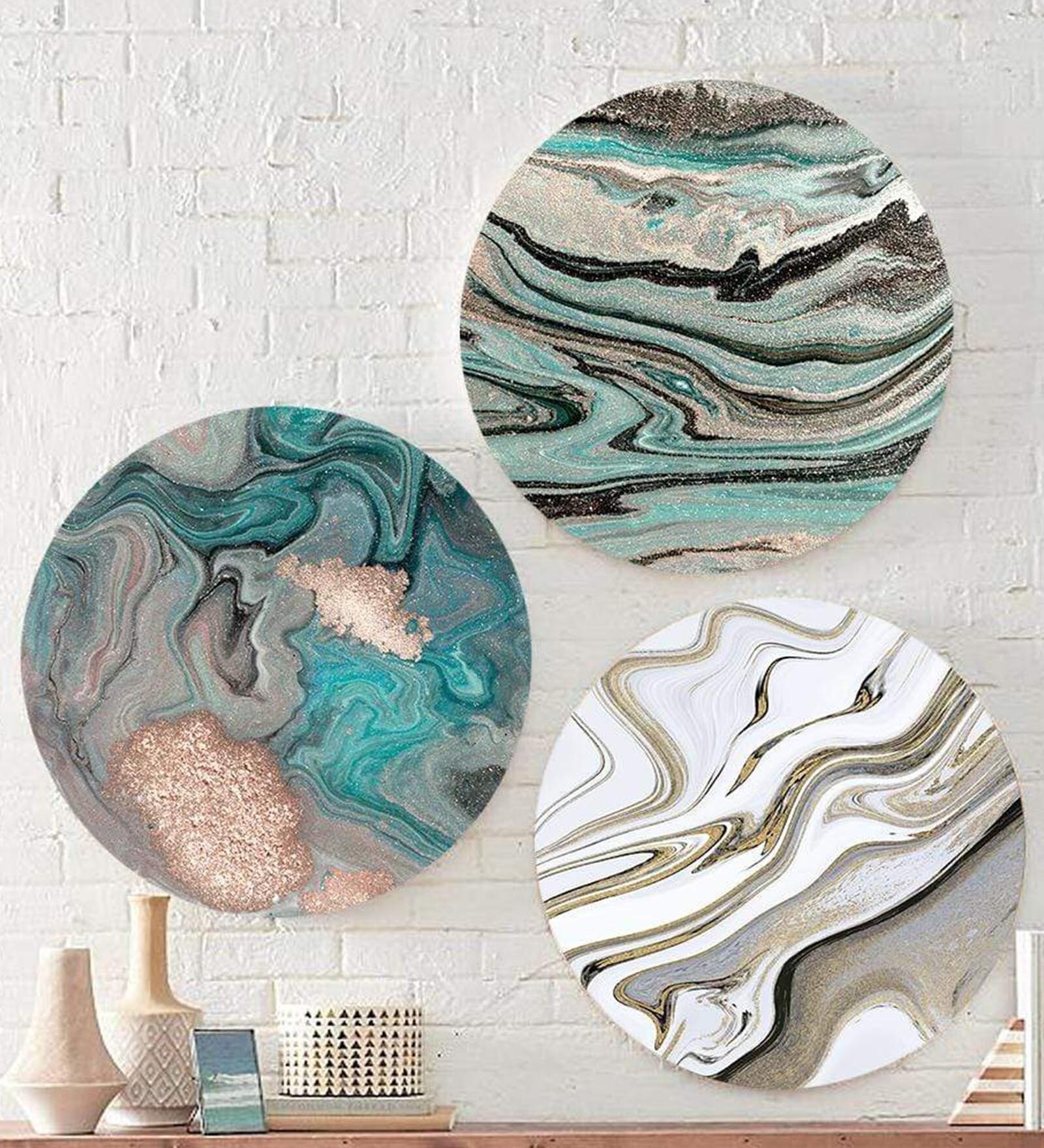 Round Multicolour Dreamy Marbles Canvas Set Of 3 Art Print