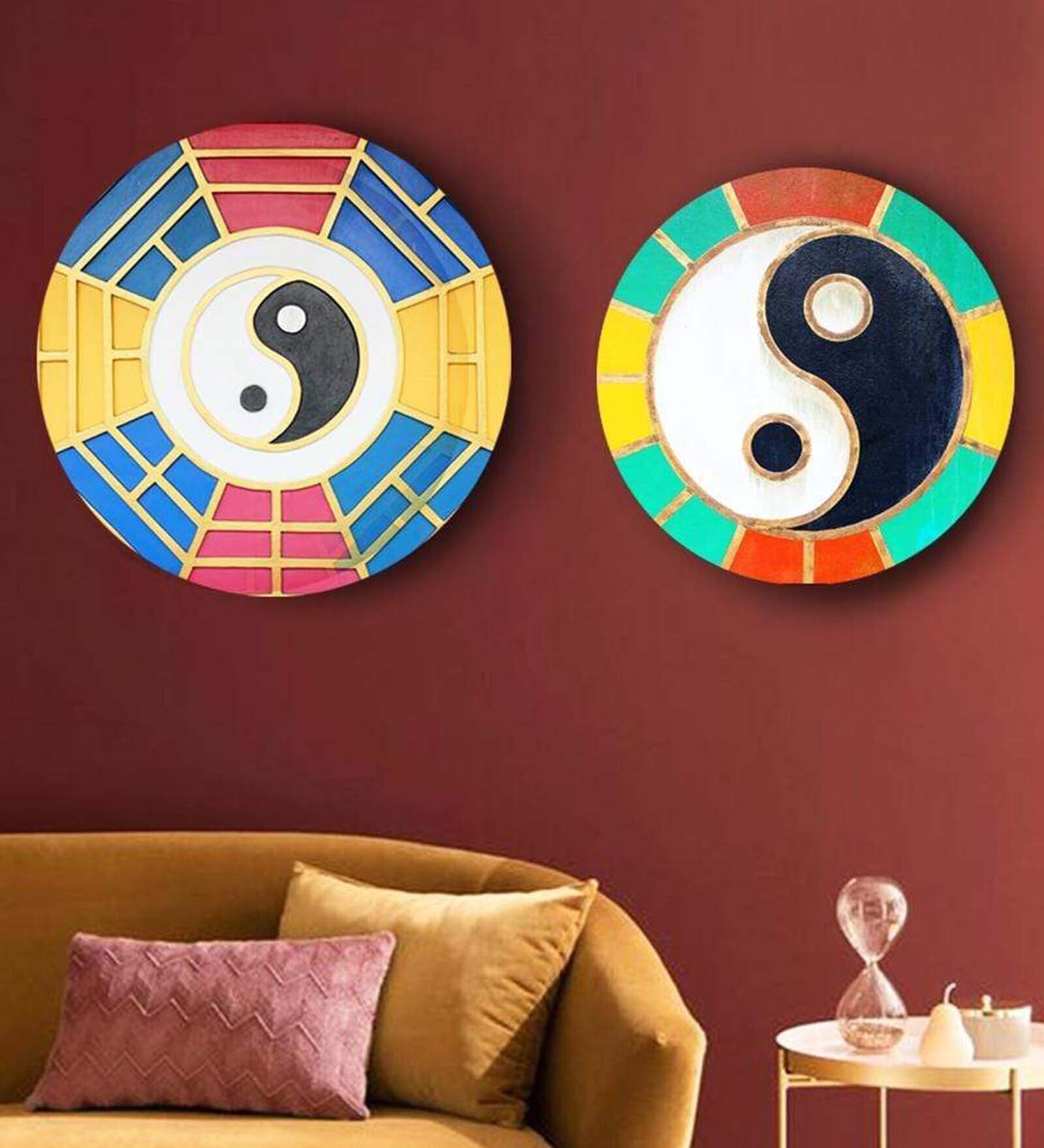 Round Multicolour Geometric Yin Yang Dynamic Canvas Set Of 2 Art Print