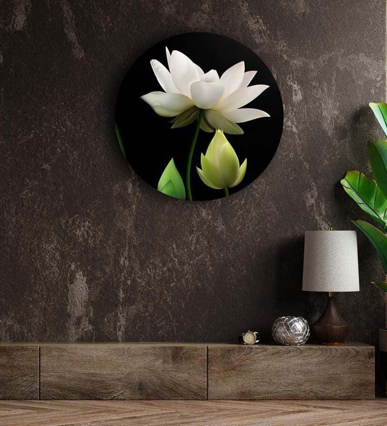 Round Multicolour Gracefully White Lotus Canvas Art Print