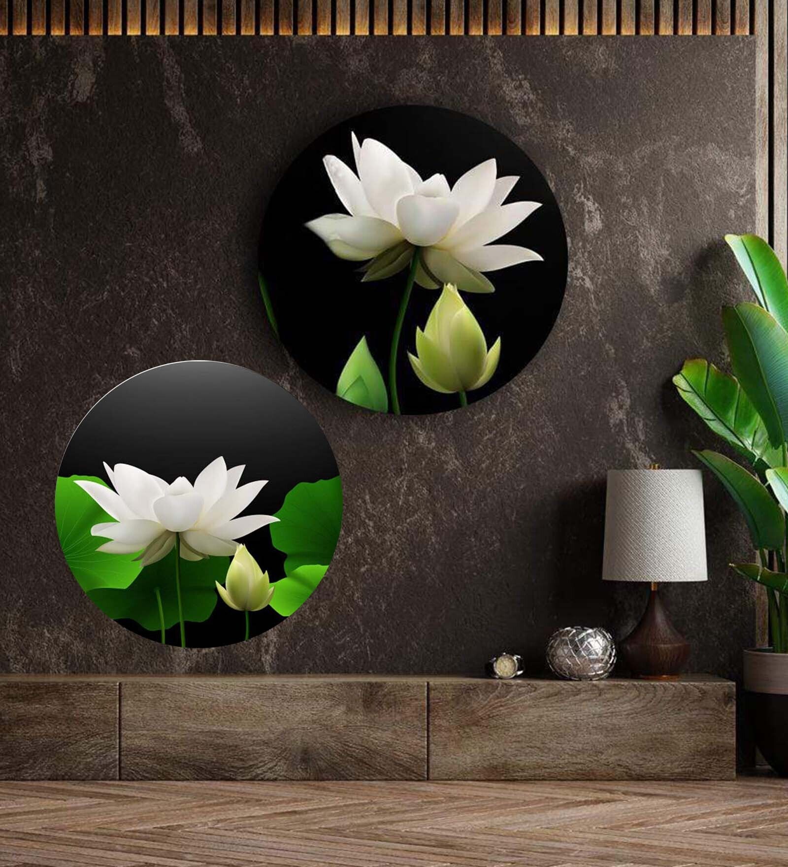 Round Multicolour Gracefully White Lotus Canvas Set Of 2 Art Print