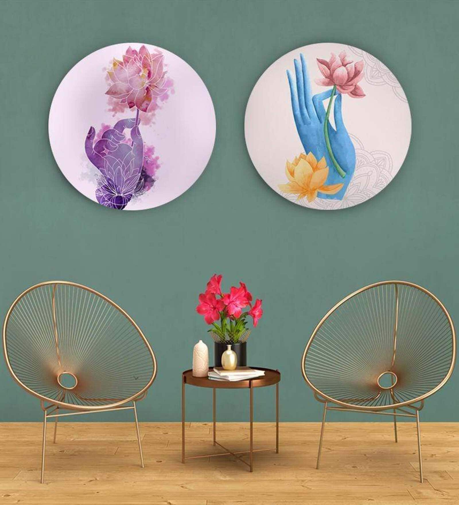 Round Multicolour Lively Lotus And Colors Canvas Set Of 2 Art Print