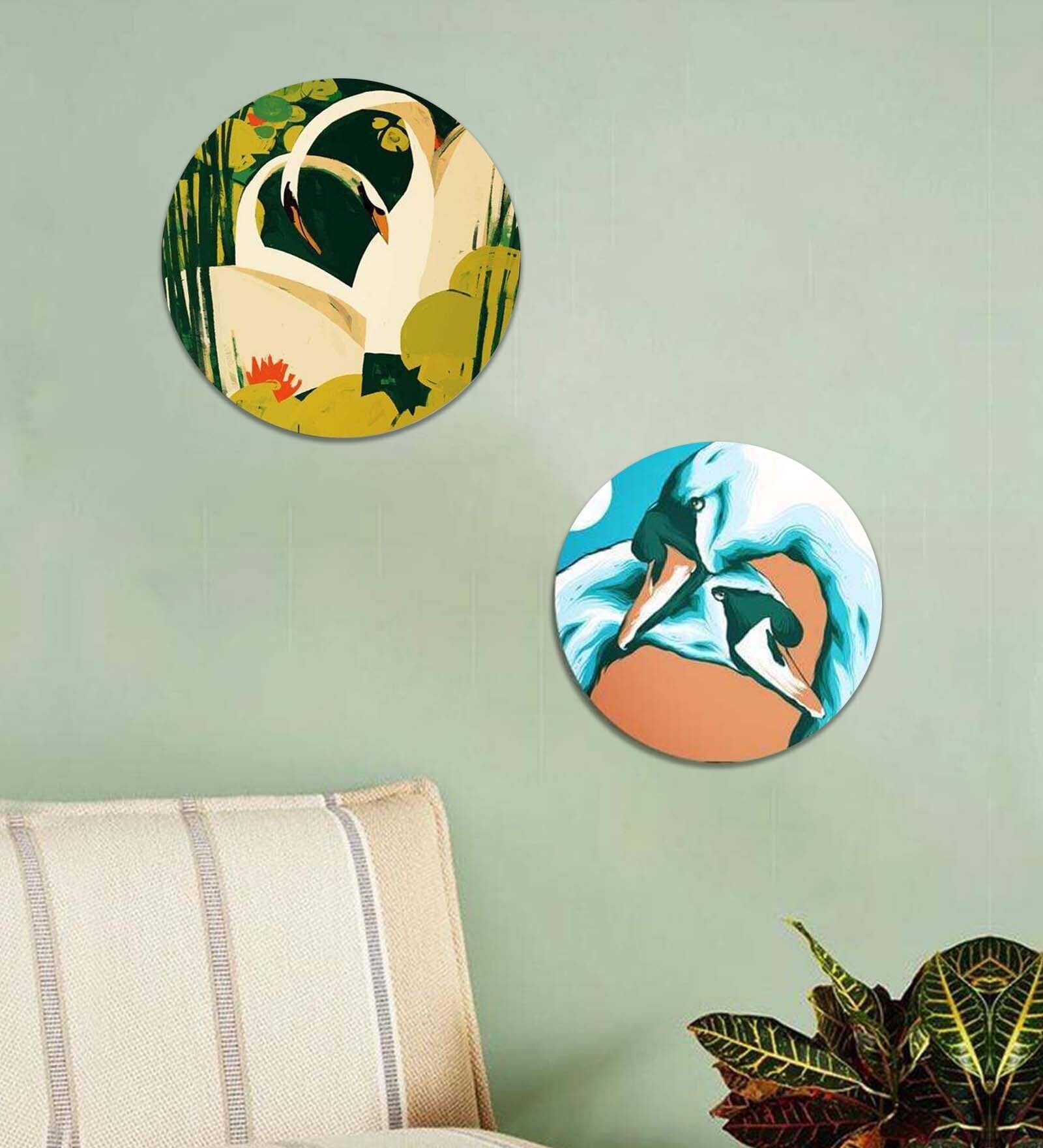 Round Multicolour Pair Of Mute Swans Canvas Set Of 2 Art Print