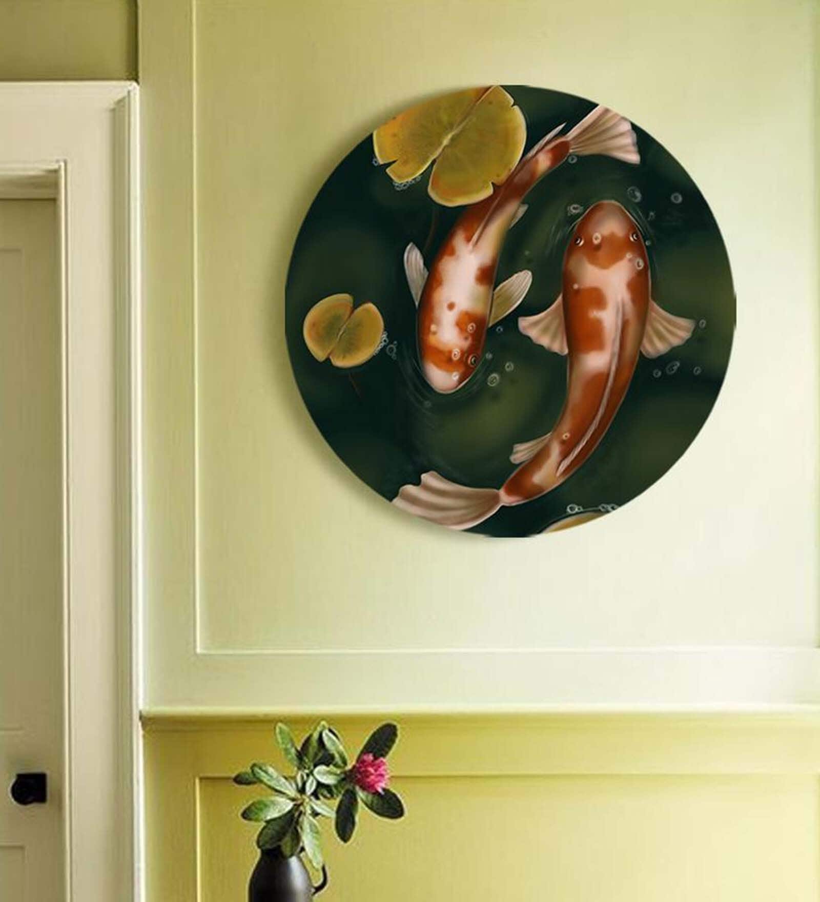 Round Multicolour Prosperity With Koi Canvas Art Print