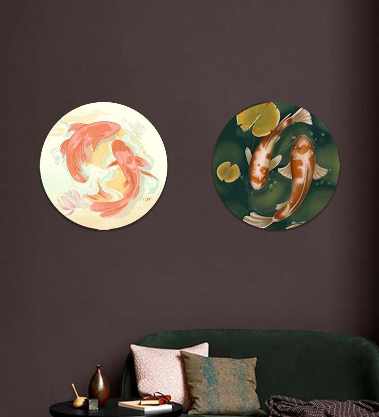 Round Multicolour Prosperity With Koi Canvas Set Of 2 Art Print