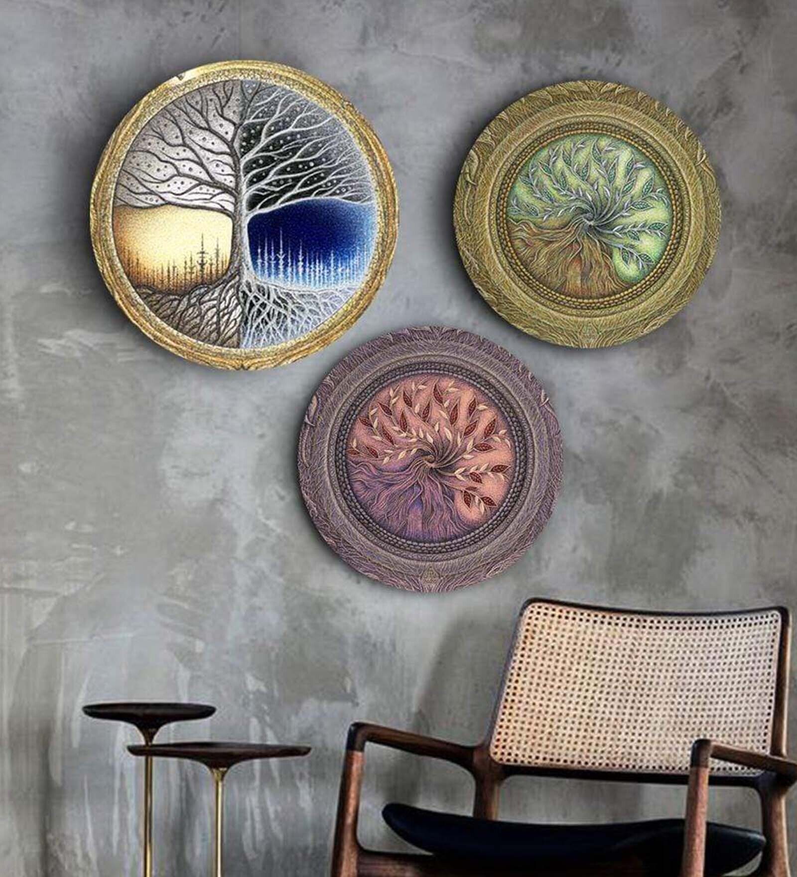 Round Multicolour The Wishing Tree Canvas Set Of 3 Art Print