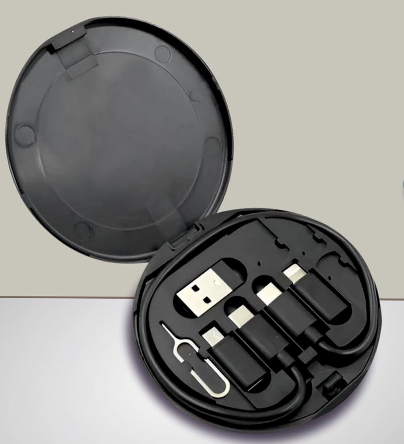 Round Travel Cable Box with Universal Connectors Ejector Pin and Phone Stand Round Travel Cable Box with Universal Connectors Ejector Pin and Phone Stand